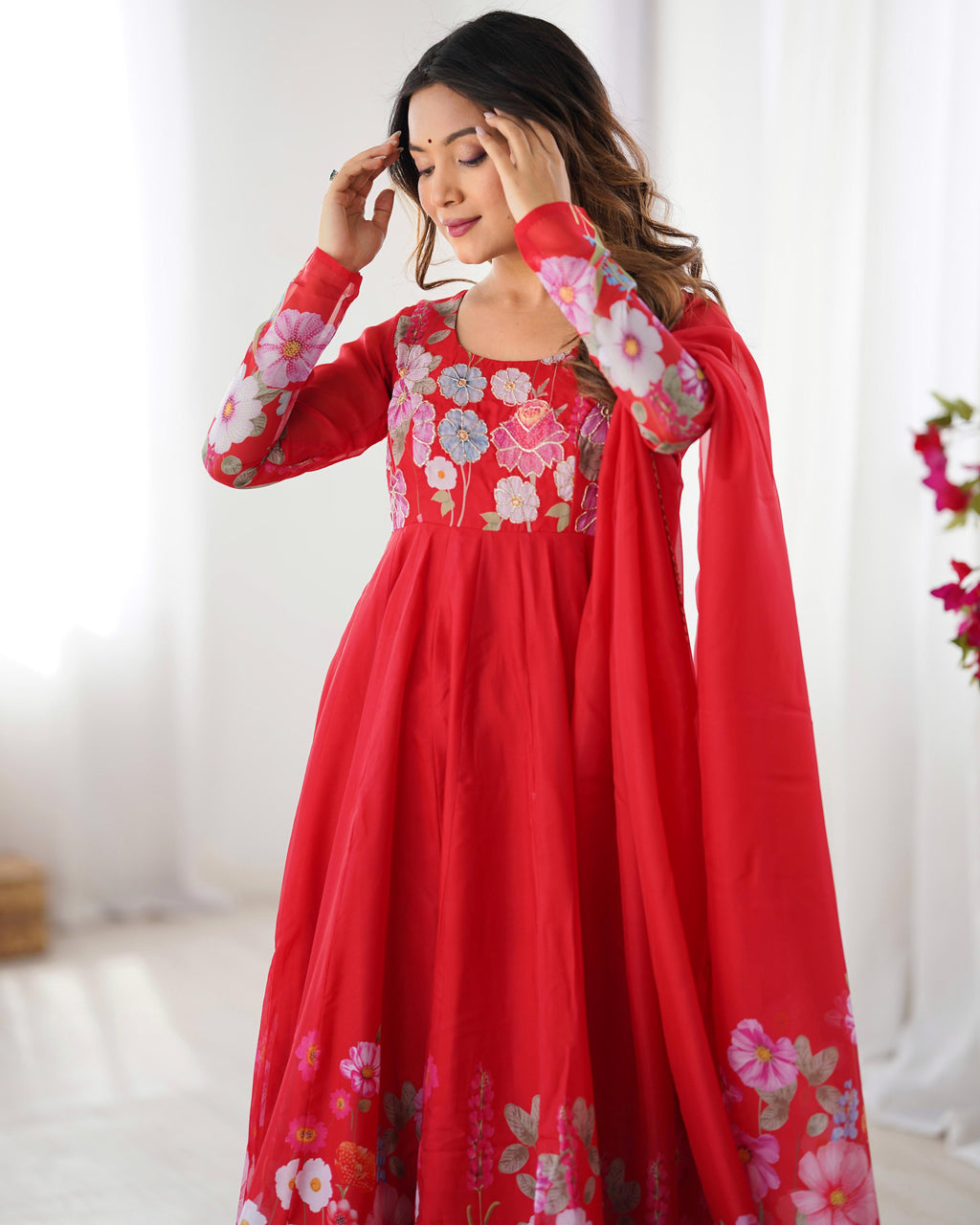 Red Soft Organza Anarkali Lehenga Suit Set with Huge Flair for Festive Wear