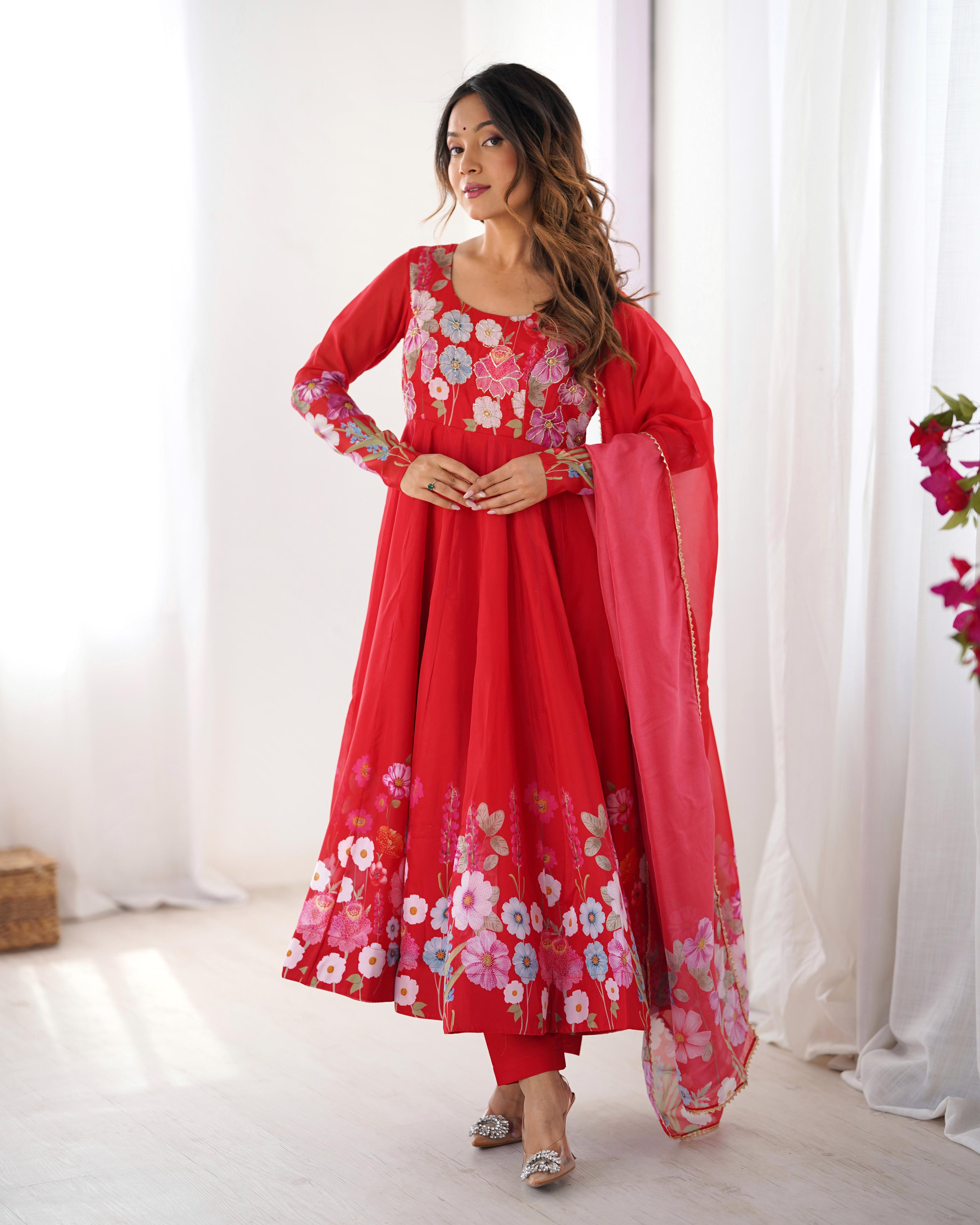 Red Soft Organza Anarkali Lehenga Suit Set with Huge Flair for Festive Wear