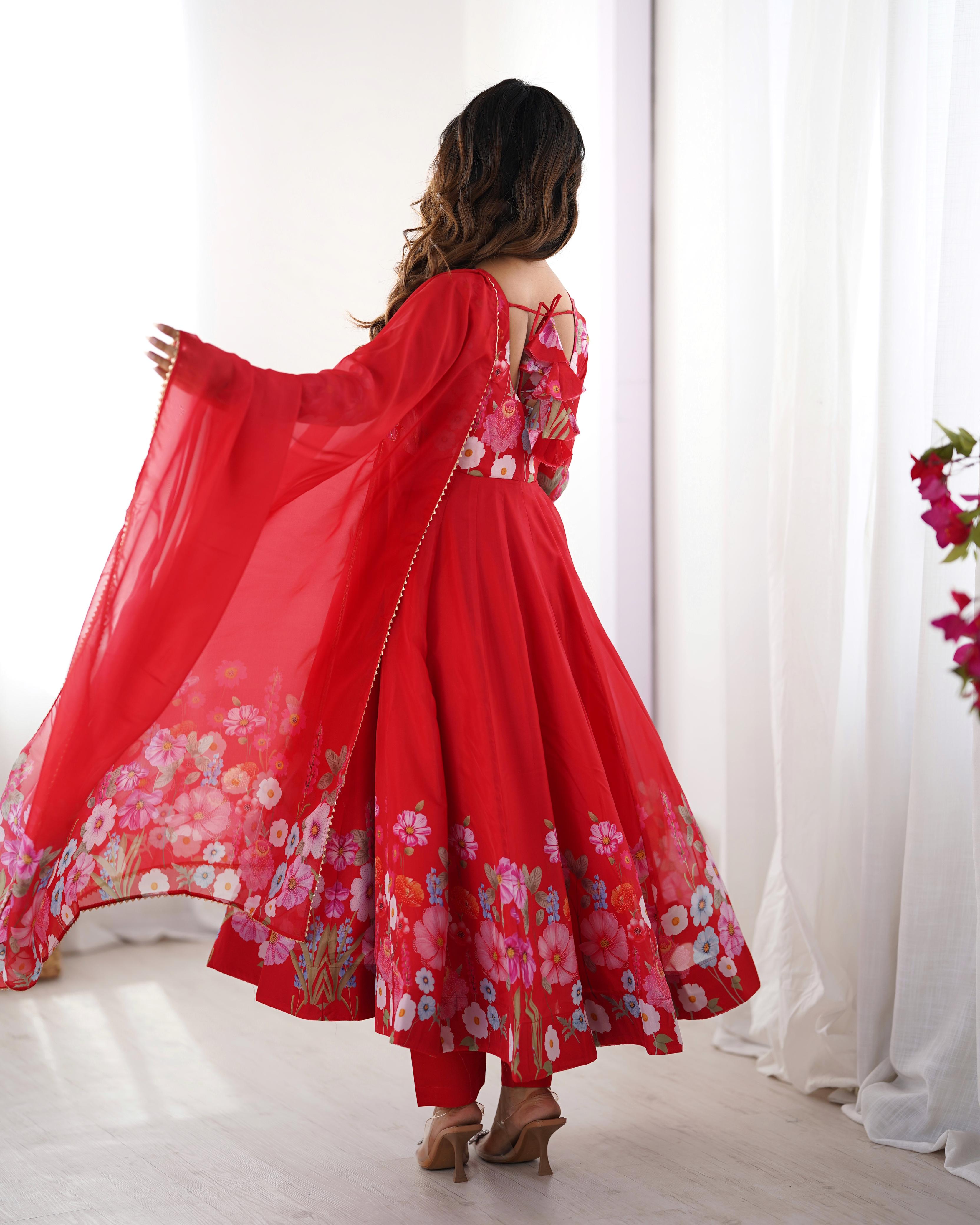 Red Soft Organza Anarkali Lehenga Suit Set with Huge Flair for Festive Wear