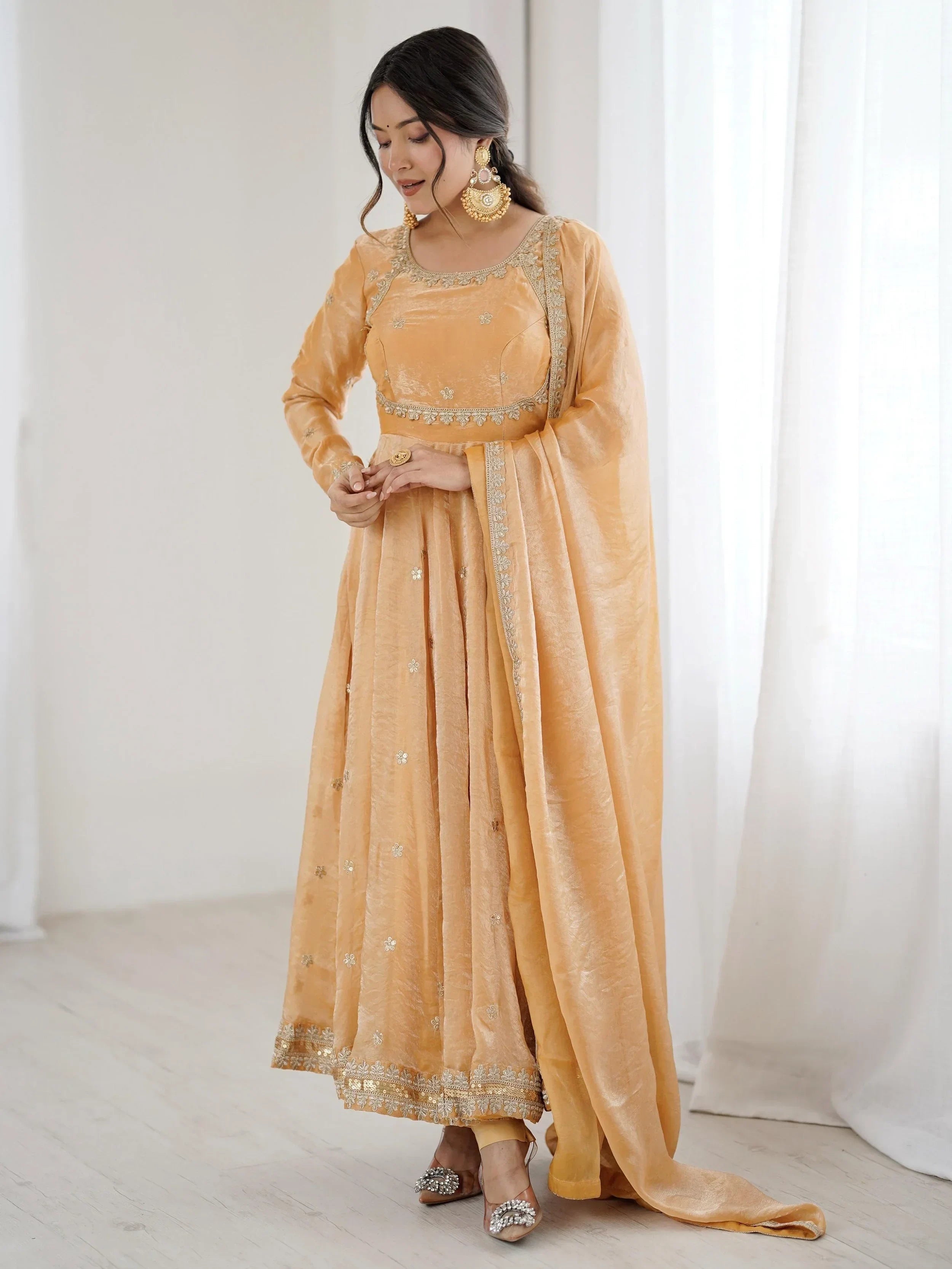 Beige Dazzling Coding Work Silk Festive Wear Gown With Dupatta