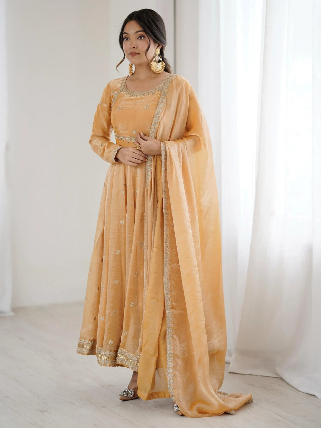 Beige Dazzling Coding Work Silk Festive Wear Gown With Dupatta