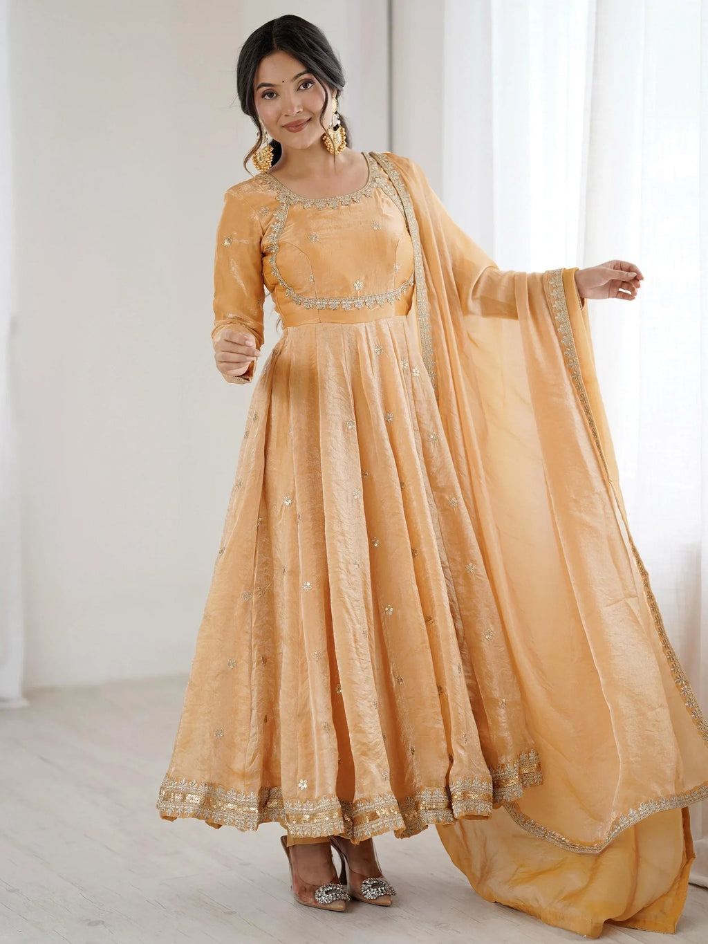 Beige Dazzling Coding Work Silk Festive Wear Gown With Dupatta