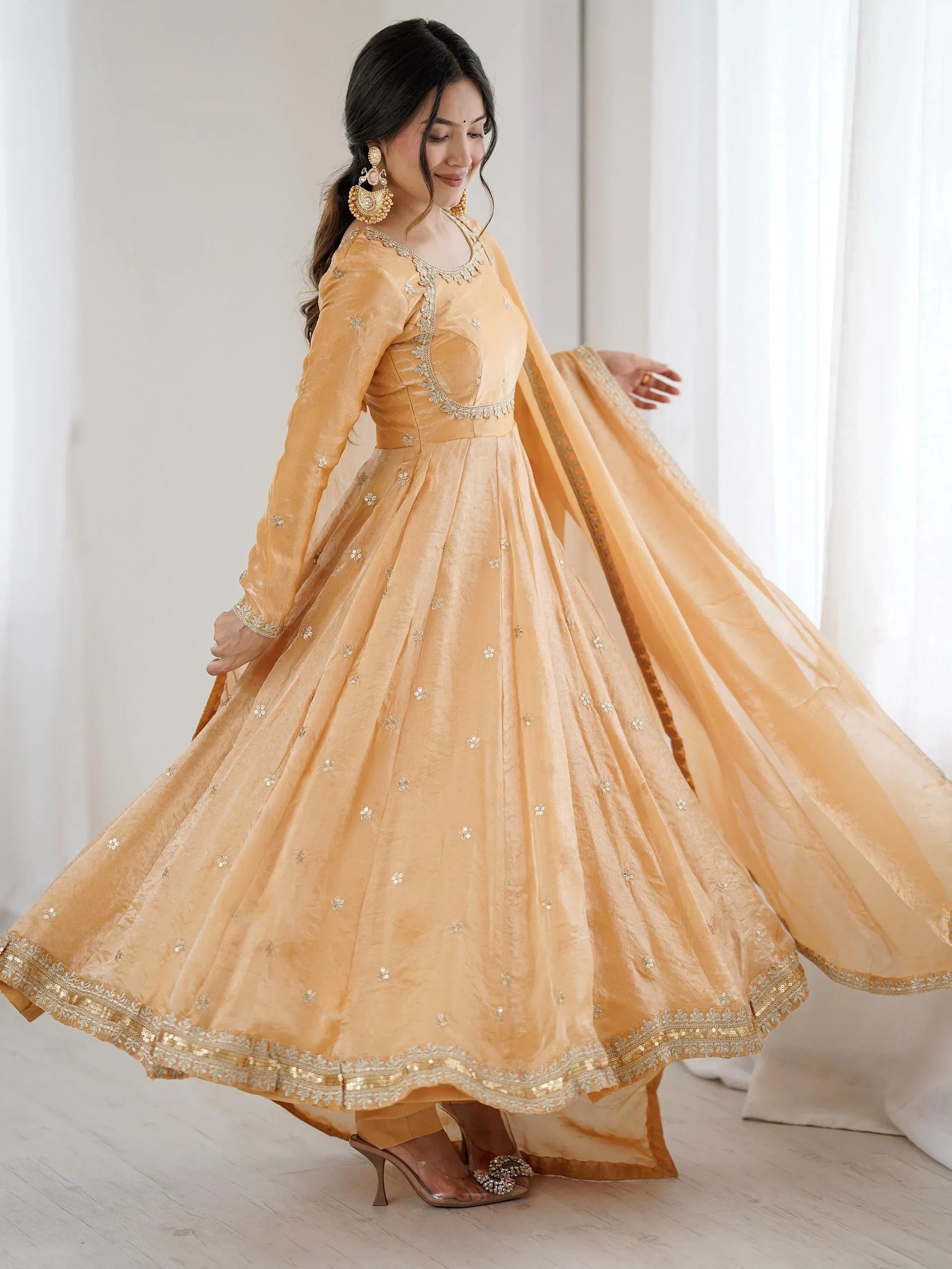 Beige Dazzling Coding Work Silk Festive Wear Gown With Dupatta