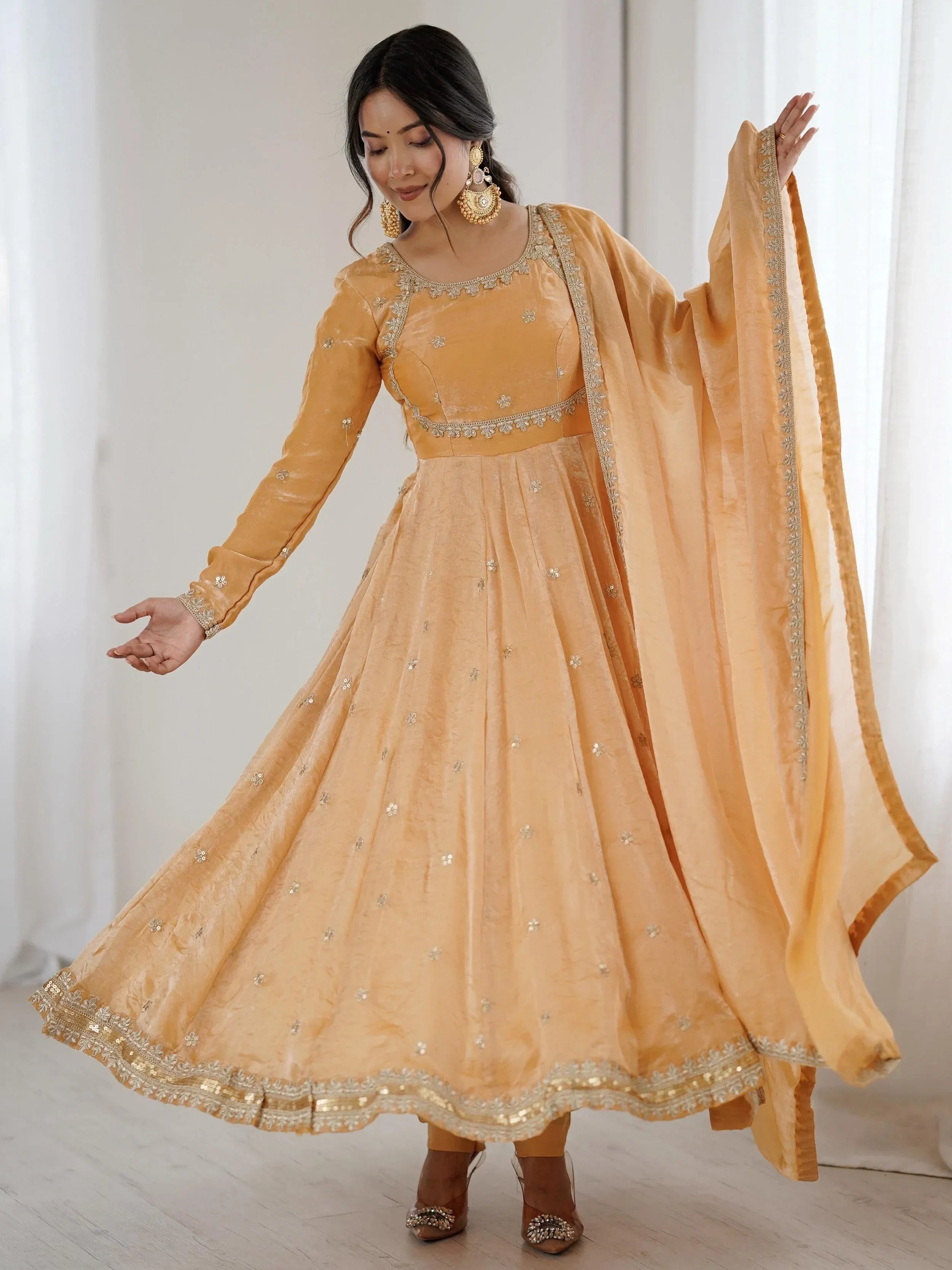 Beige Dazzling Coding Work Silk Festive Wear Gown With Dupatta