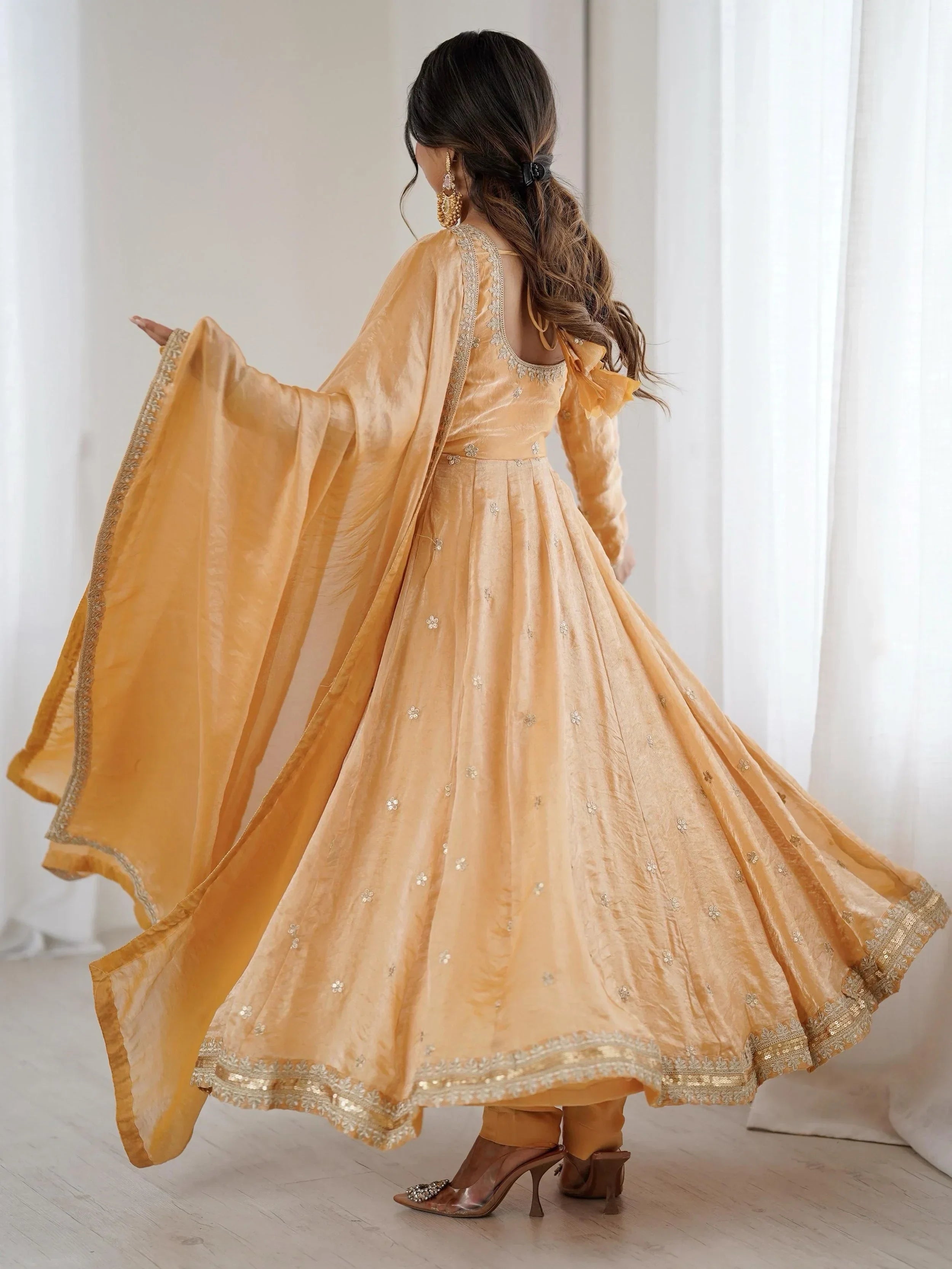 Beige Dazzling Coding Work Silk Festive Wear Gown With Dupatta