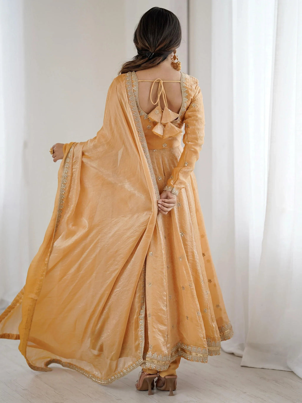 Beige Dazzling Coding Work Silk Festive Wear Gown With Dupatta