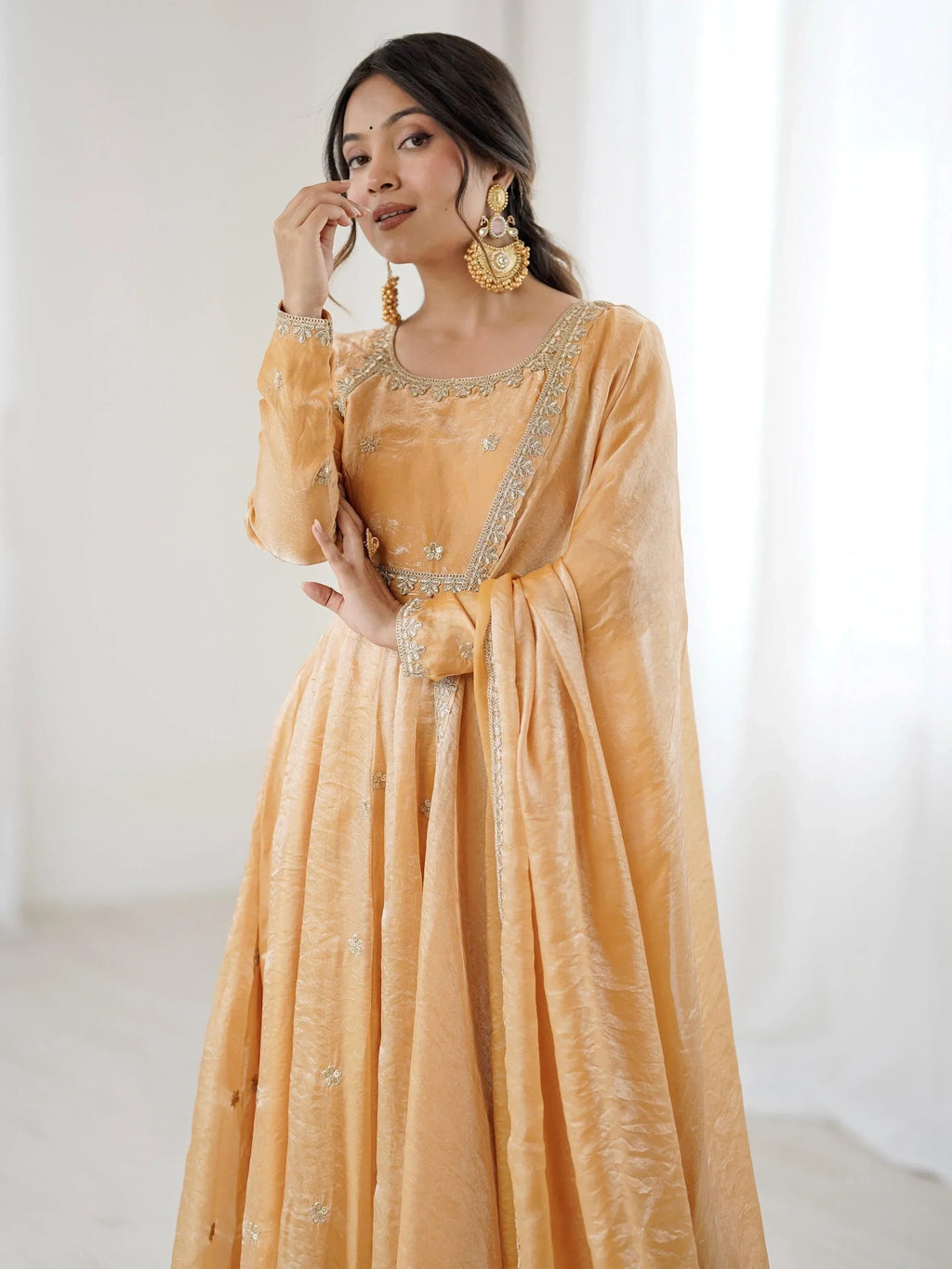 Beige Dazzling Coding Work Silk Festive Wear Gown With Dupatta