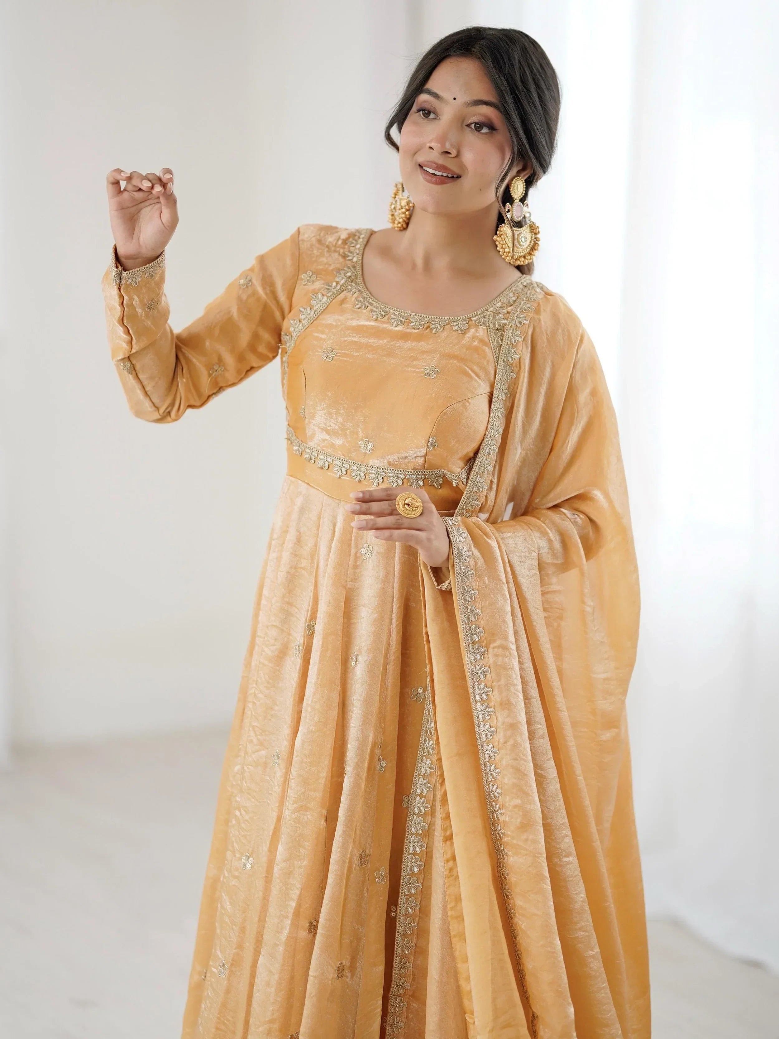 Beige Dazzling Coding Work Silk Festive Wear Gown With Dupatta