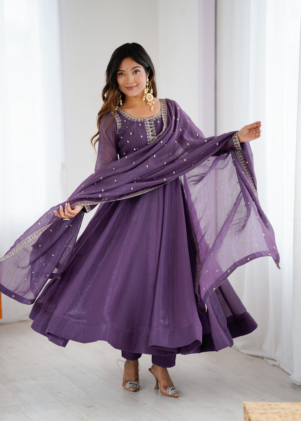 Mauve Pure Crunchy Silk Anarkali Suit Set With Huge Flair, Dupatta & Pant