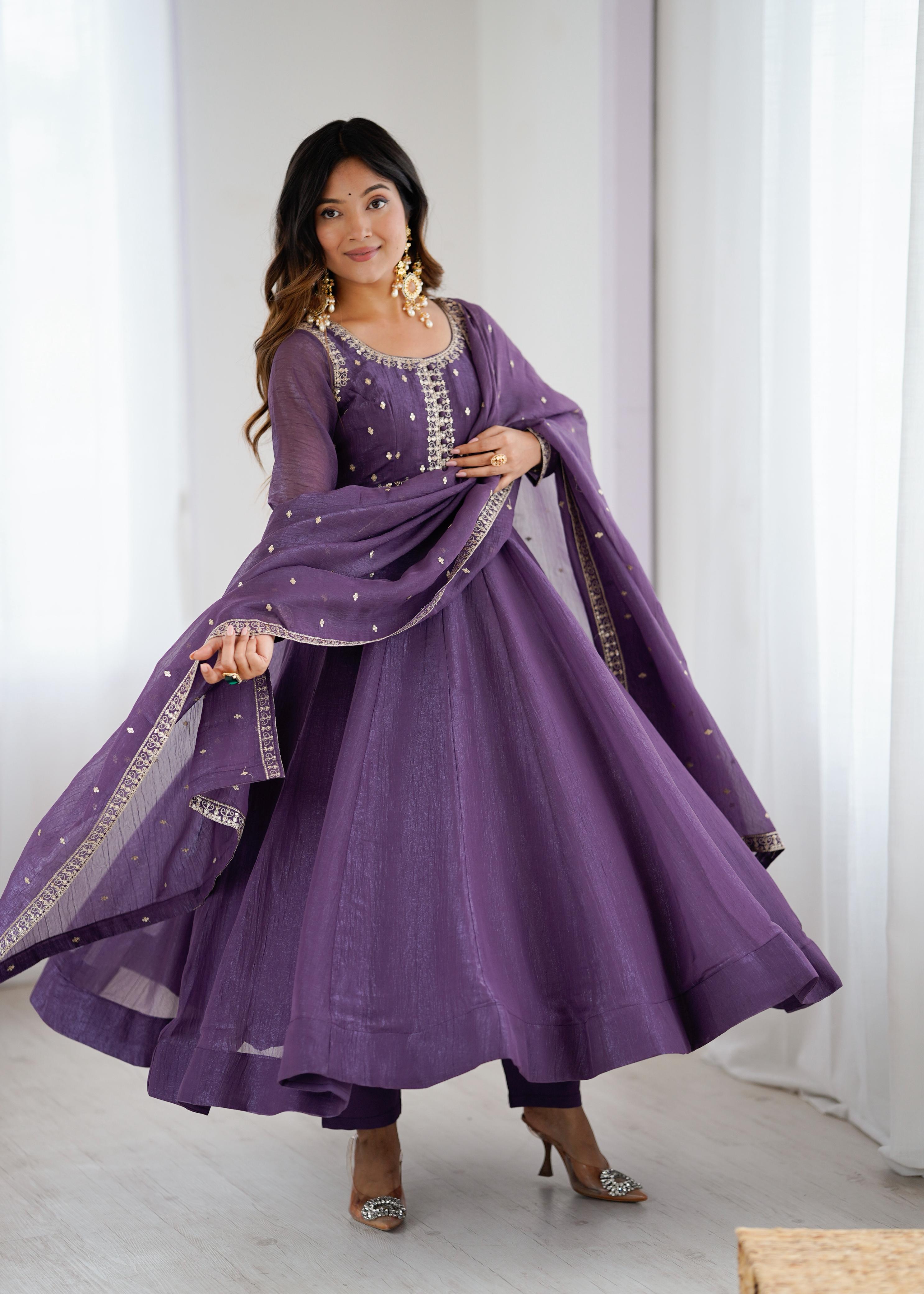 Mauve Pure Crunchy Silk Anarkali Suit Set With Huge Flair, Dupatta & Pant