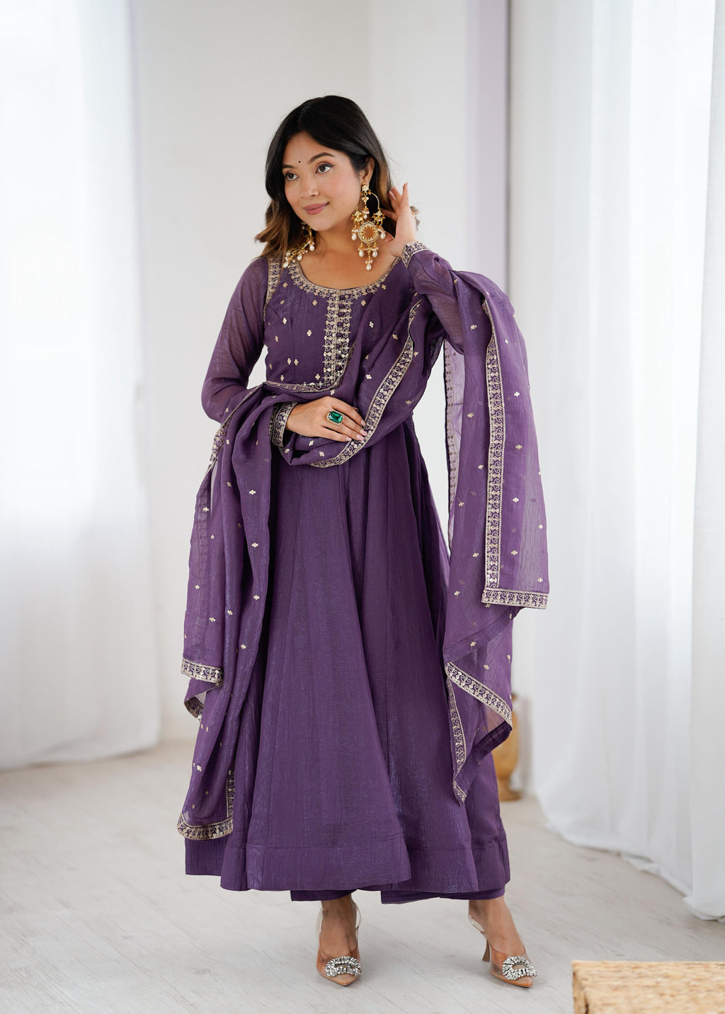 Mauve Pure Crunchy Silk Anarkali Suit Set With Huge Flair, Dupatta & Pant