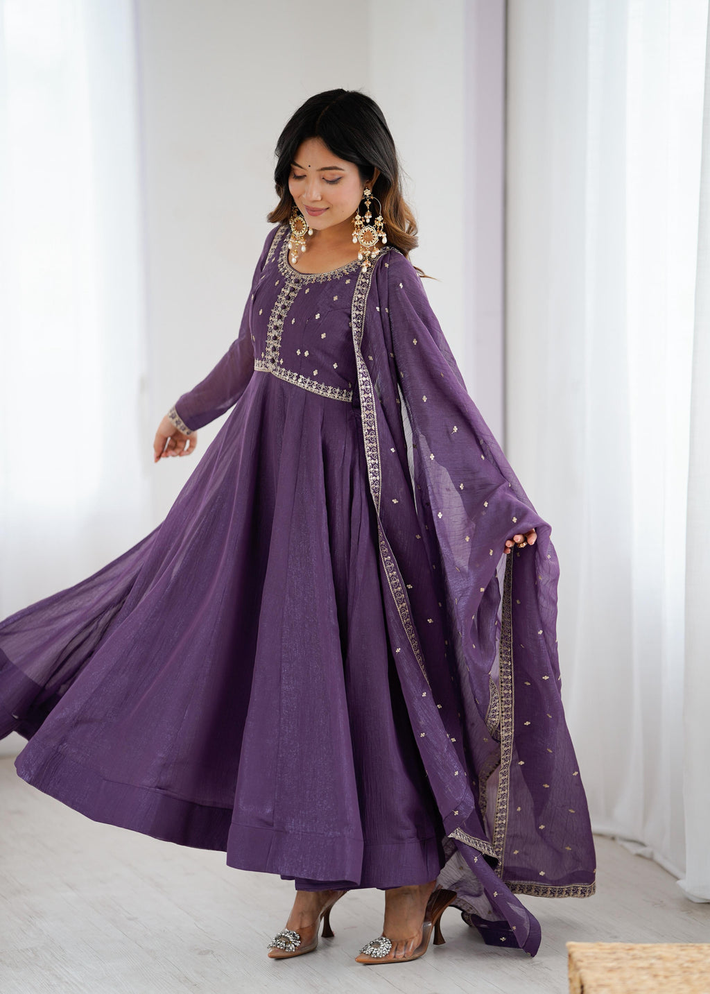 Mauve Pure Crunchy Silk Anarkali Suit Set With Huge Flair, Dupatta & Pant