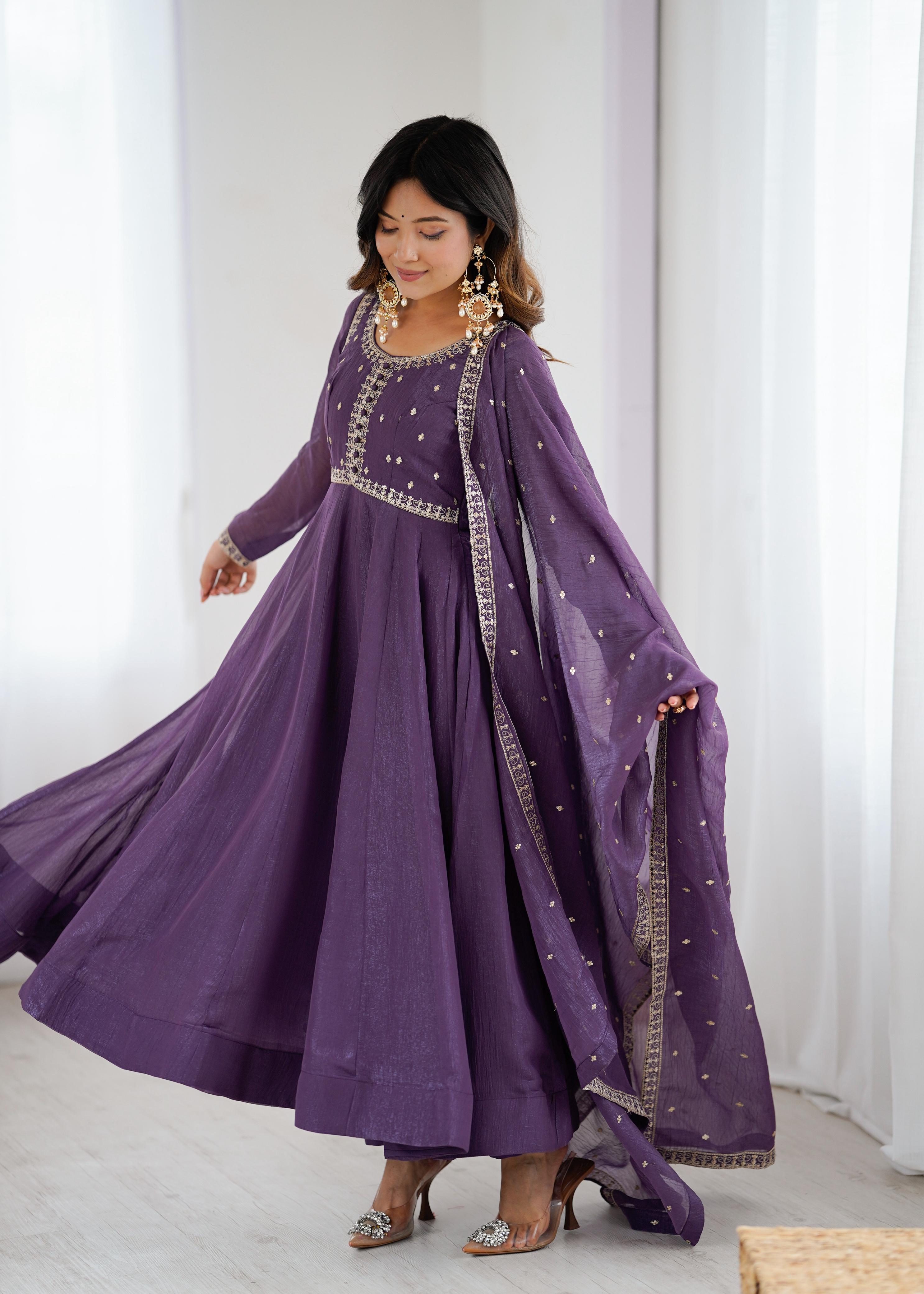 Mauve Pure Crunchy Silk Anarkali Suit Set With Huge Flair, Dupatta & Pant