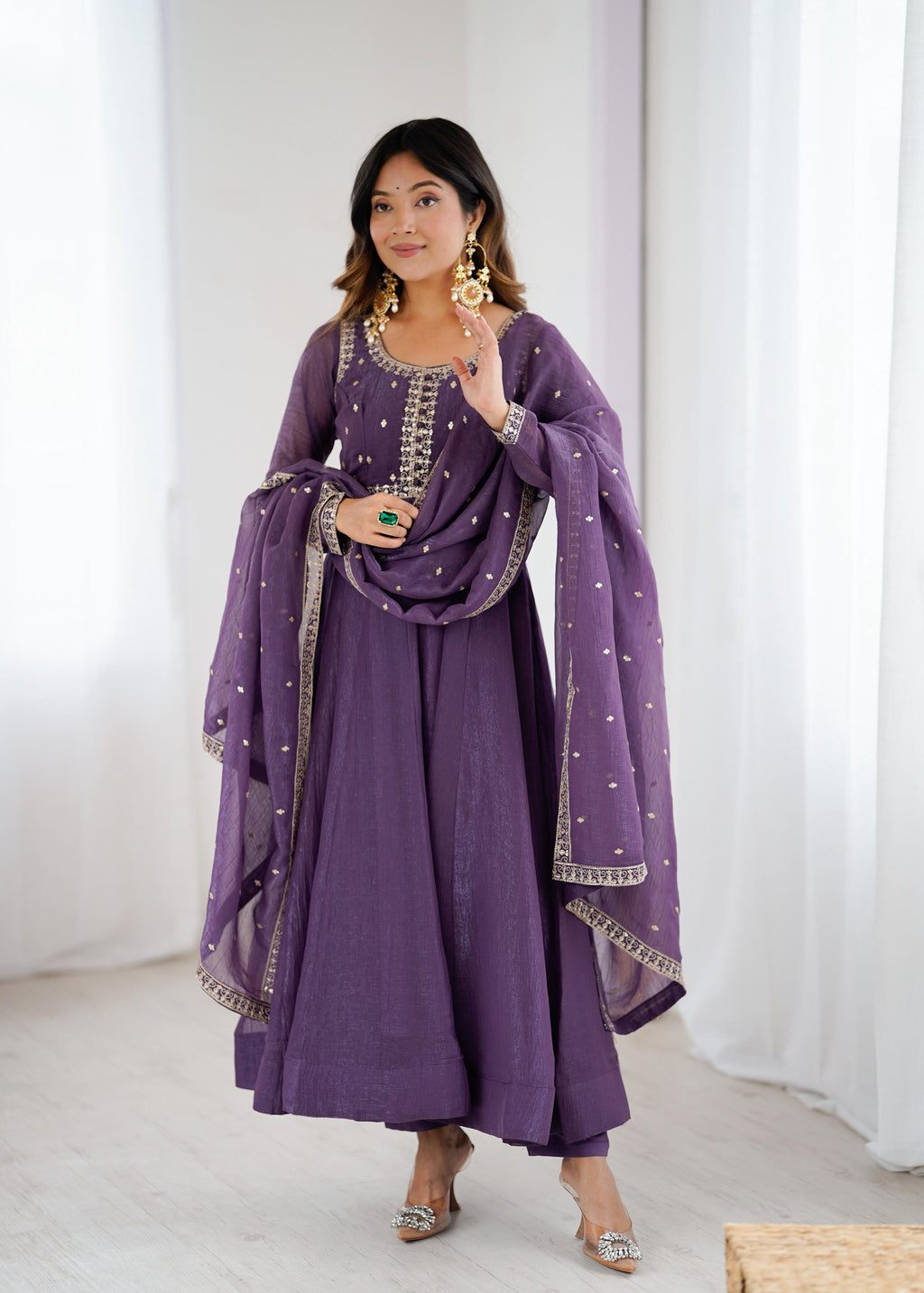 Mauve Pure Crunchy Silk Anarkali Suit Set With Huge Flair, Dupatta & Pant