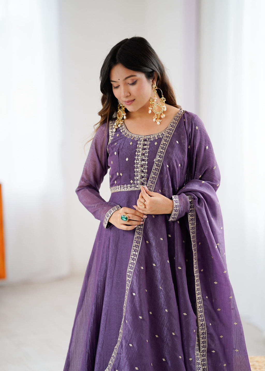 Mauve Pure Crunchy Silk Anarkali Suit Set With Huge Flair, Dupatta & Pant