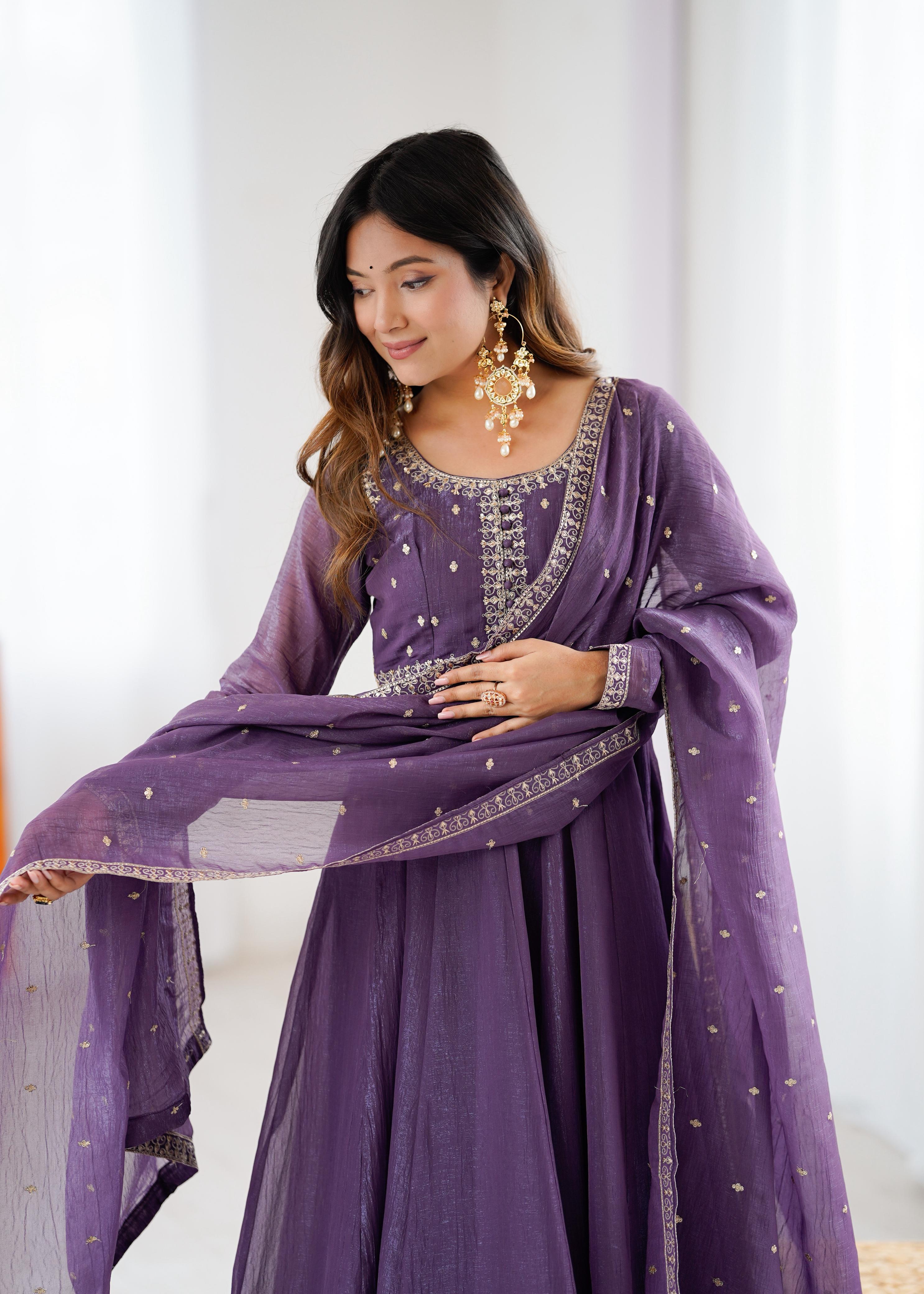 Mauve Pure Crunchy Silk Anarkali Suit Set With Huge Flair, Dupatta & Pant