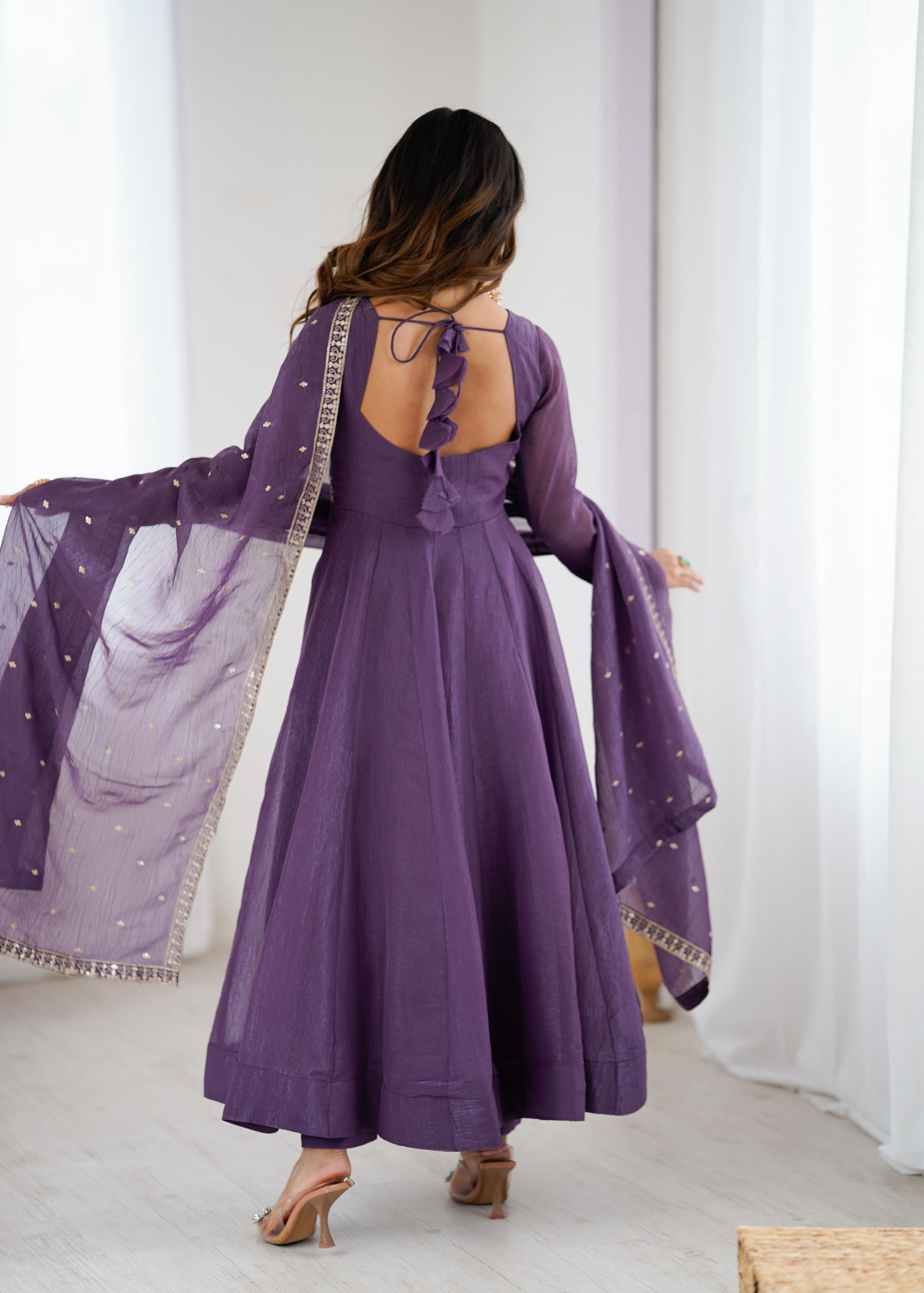 Mauve Pure Crunchy Silk Anarkali Suit Set With Huge Flair, Dupatta & Pant
