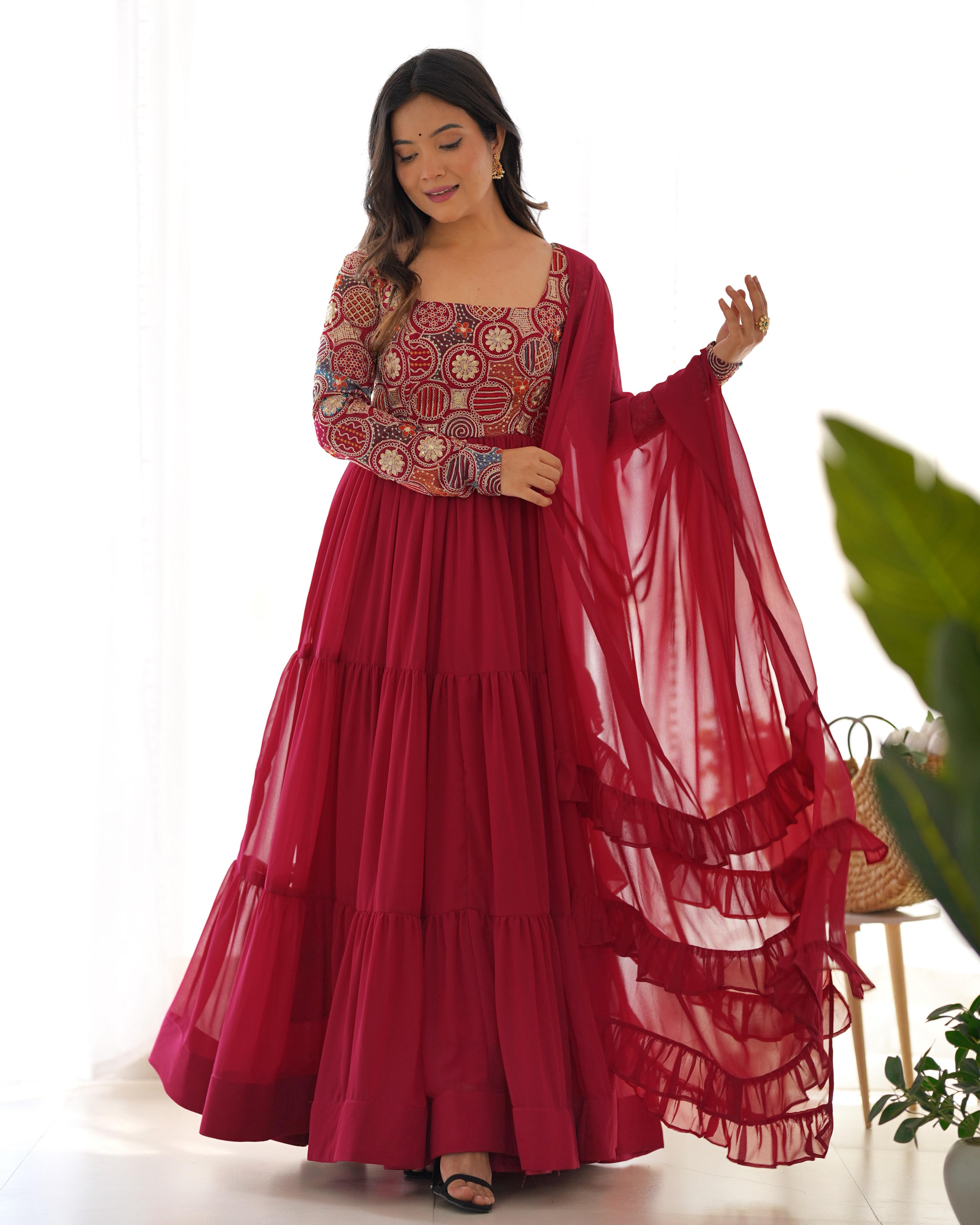 Maroon Pure Soft Fox Georgette Anarkali Suit Set With Huge Flair, Dupatta & Pant