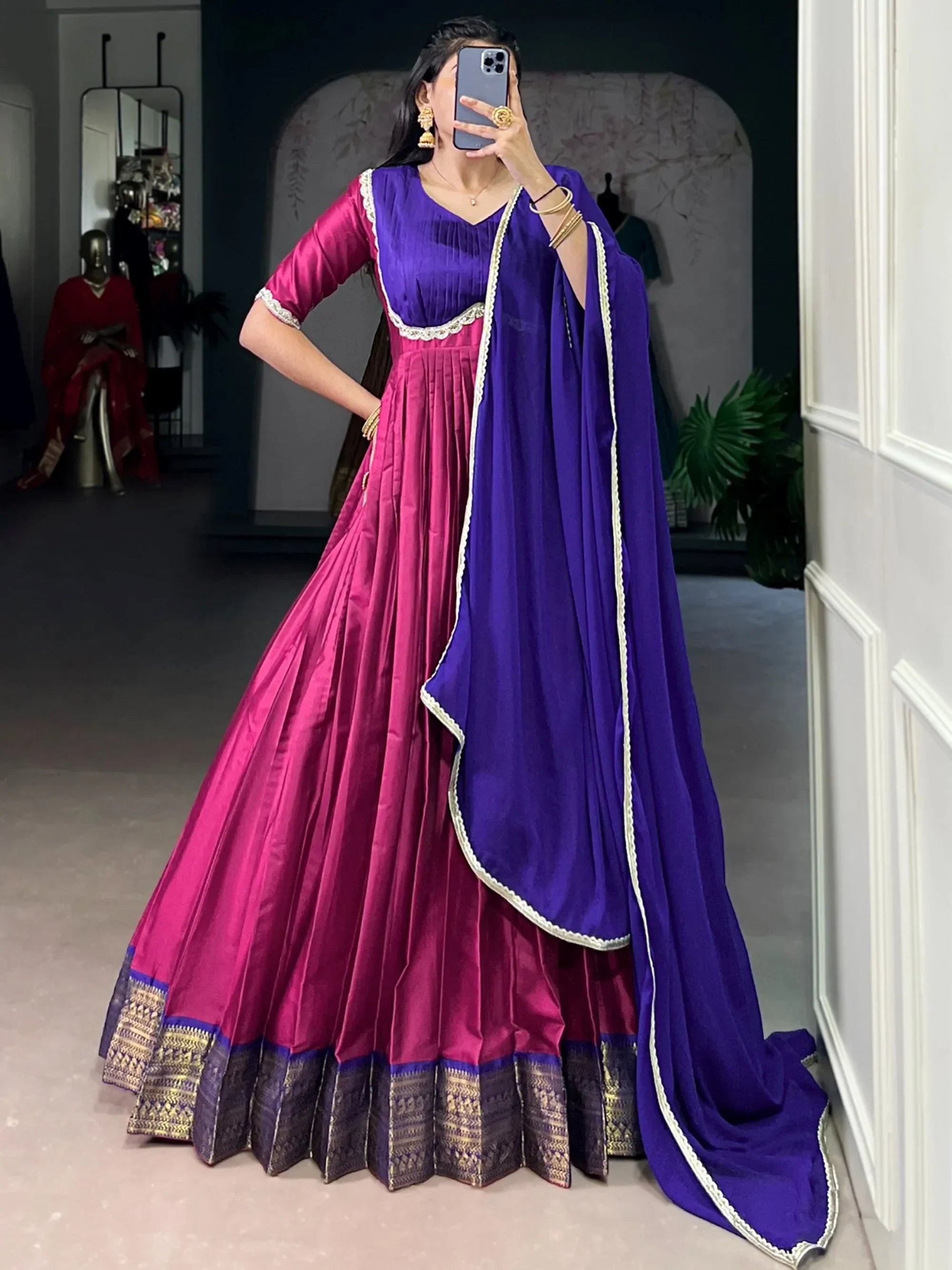Precious Pink Zari Weaving Silk Festive Wear Gown With Dupatta
