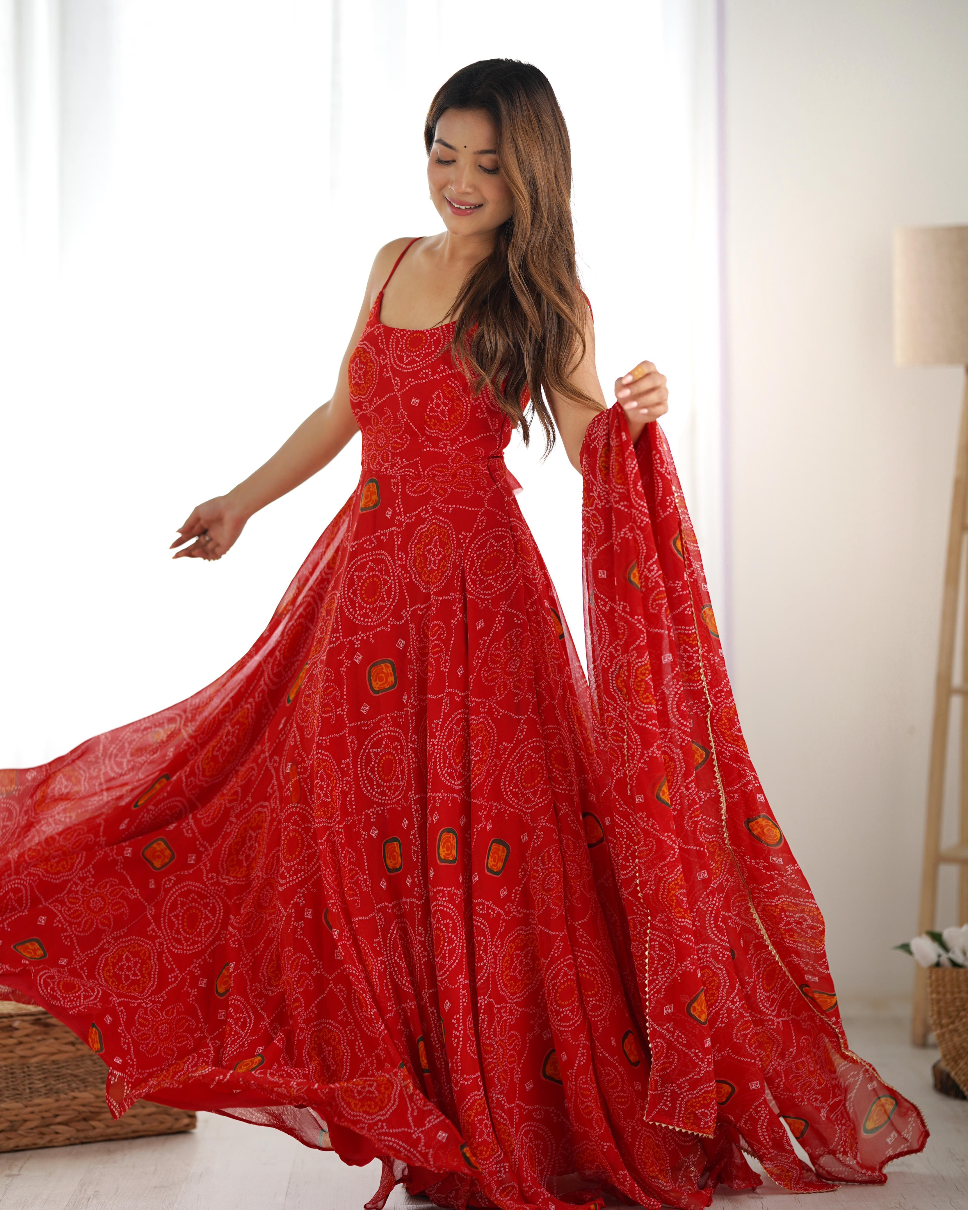 Red Chiffon Lehenga Suit Set with Bandhej Print and Huge Flair for Festive Wear