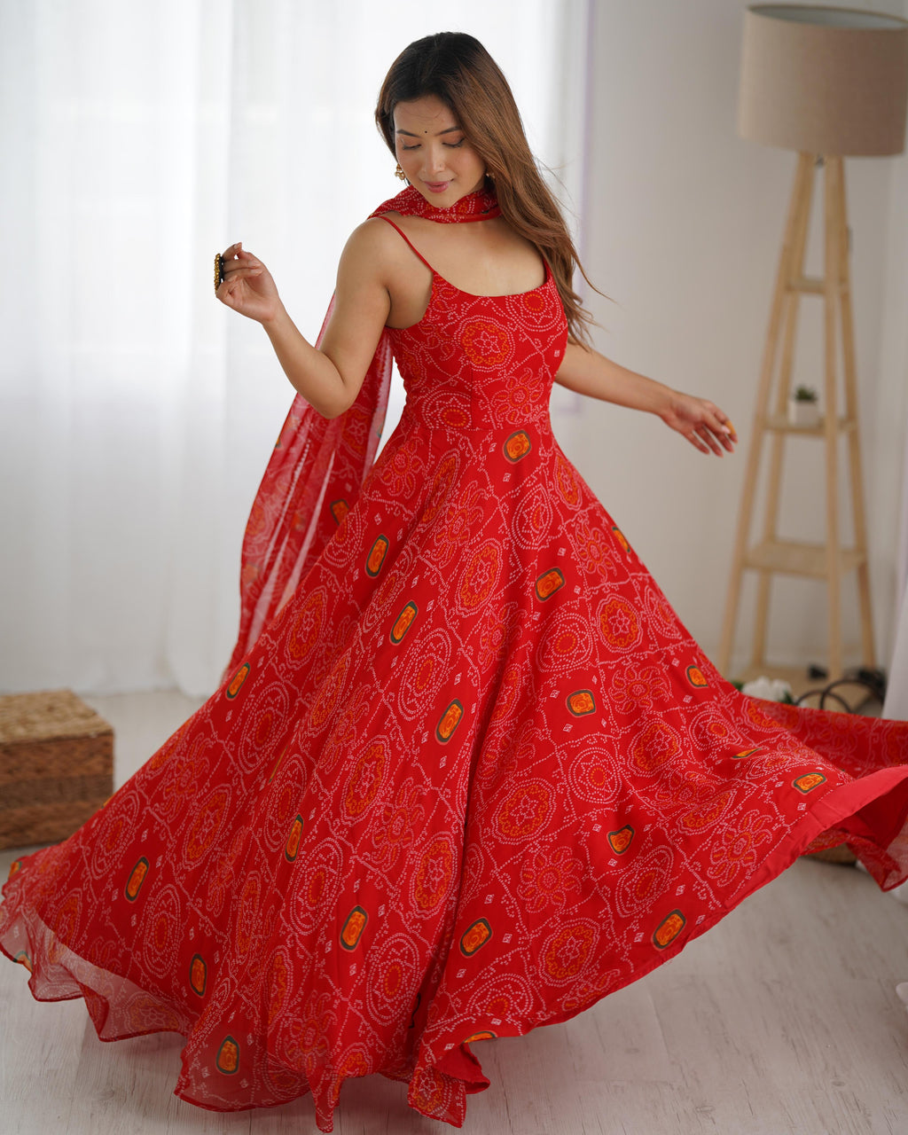 Red Chiffon Lehenga Suit Set with Bandhej Print and Huge Flair for Festive Wear
