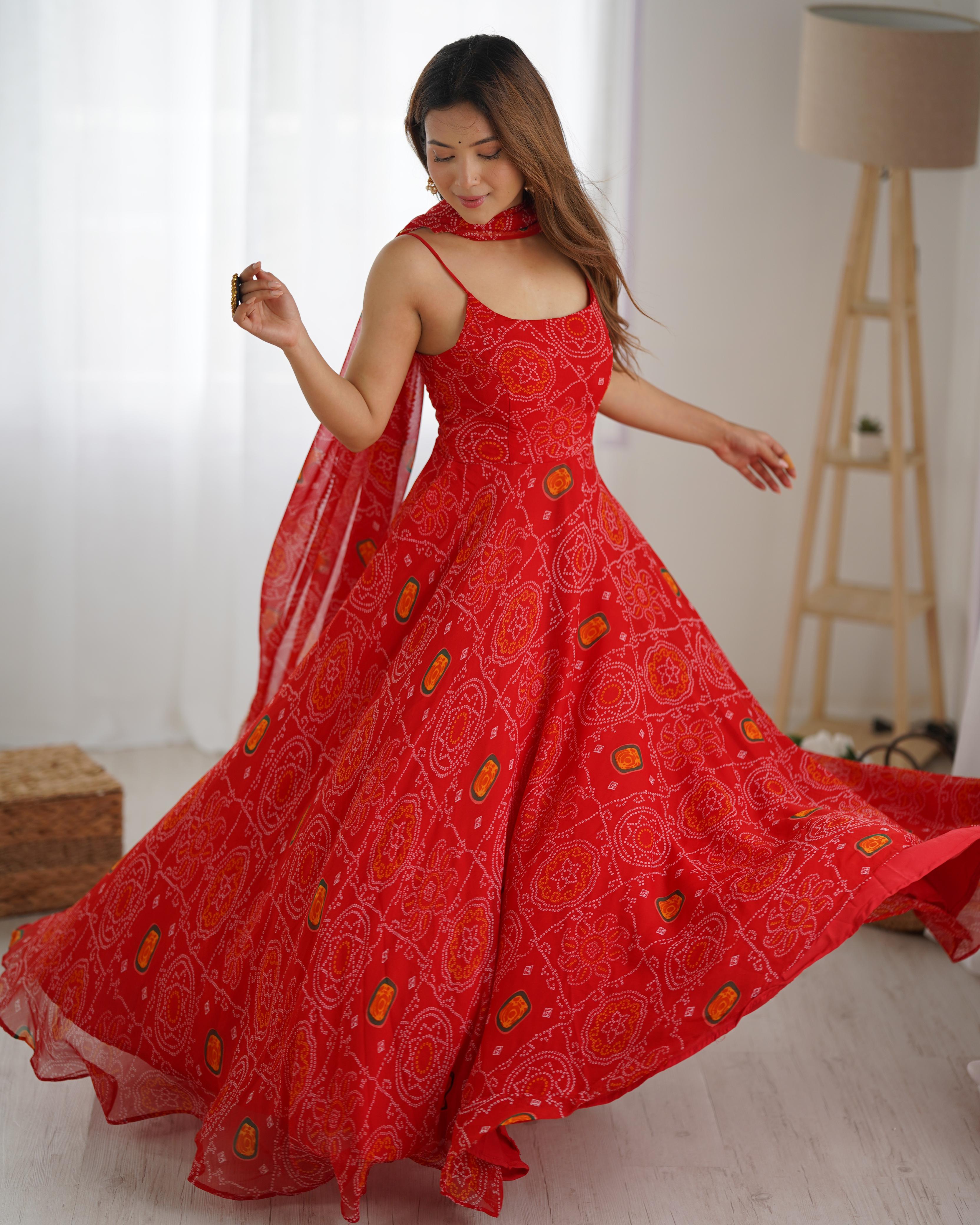 Red Chiffon Lehenga Suit Set with Bandhej Print and Huge Flair for Festive Wear