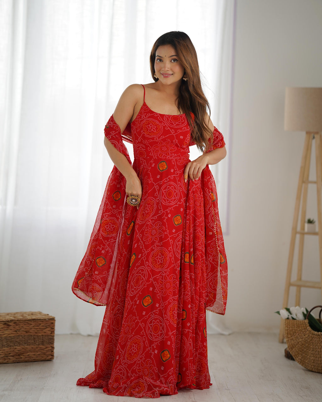Red Chiffon Lehenga Suit Set with Bandhej Print and Huge Flair for Festive Wear