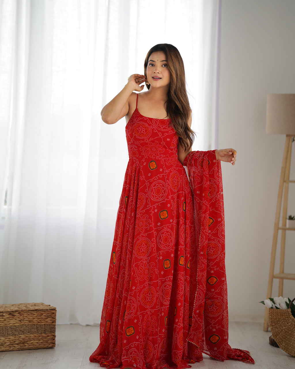 Red Chiffon Lehenga Suit Set with Bandhej Print and Huge Flair for Festive Wear