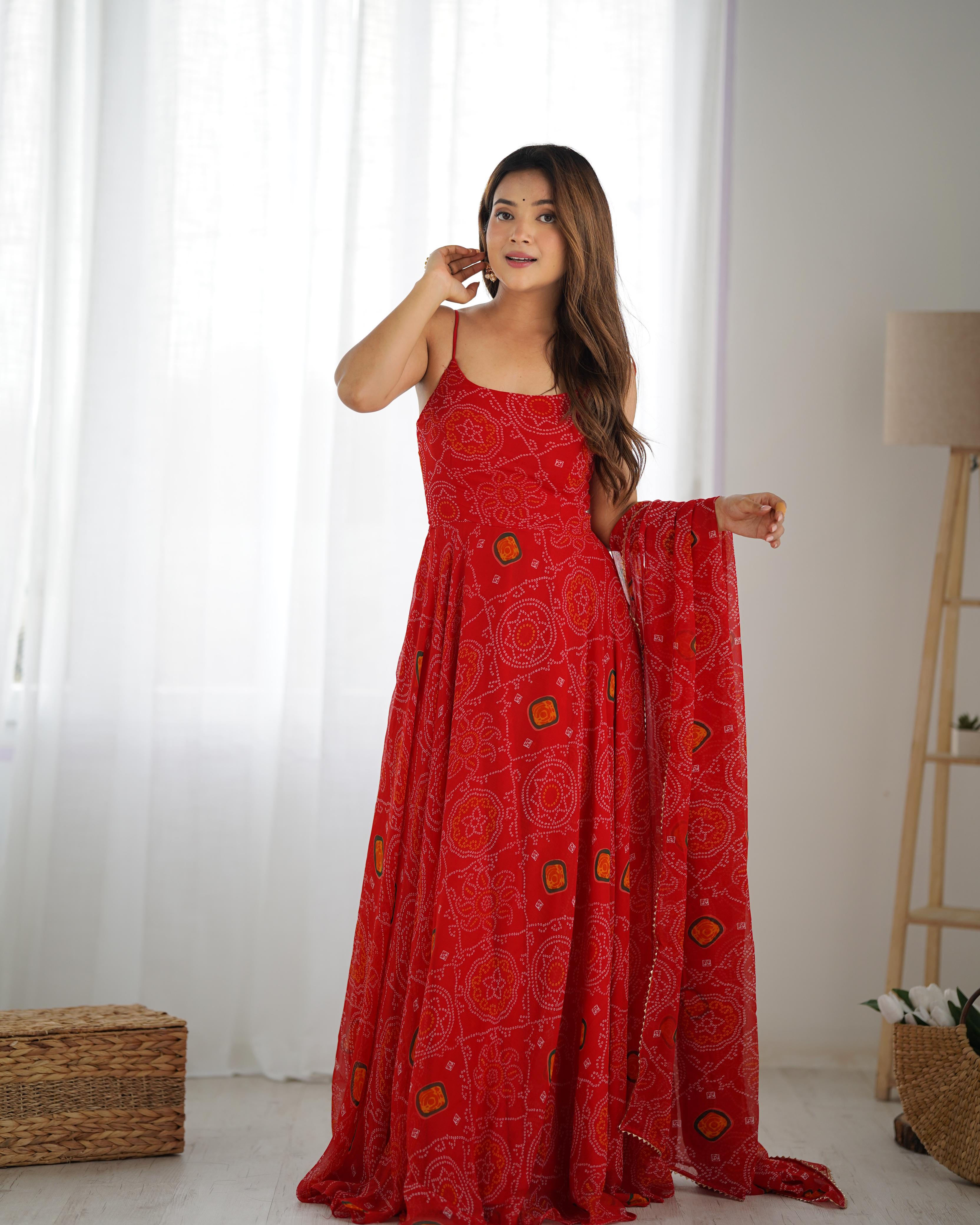 Red Chiffon Lehenga Suit Set with Bandhej Print and Huge Flair for Festive Wear