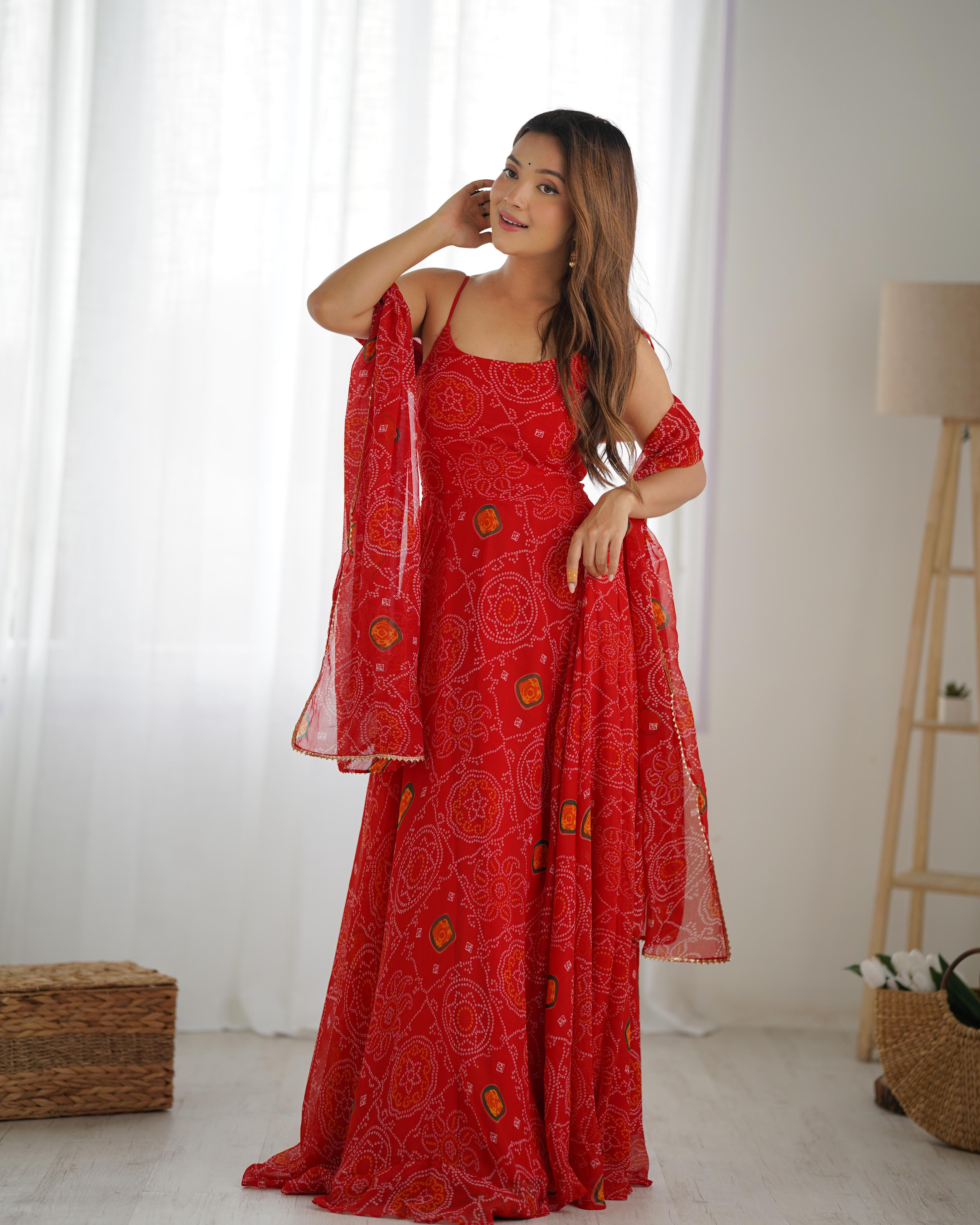 Red Chiffon Lehenga Suit Set with Bandhej Print and Huge Flair for Festive Wear