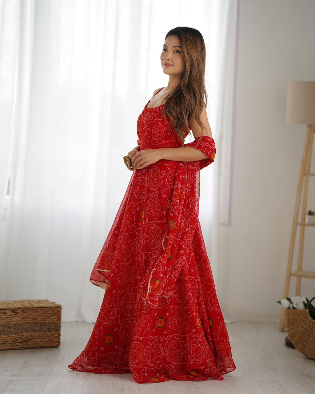 Red Chiffon Lehenga Suit Set with Bandhej Print and Huge Flair for Festive Wear