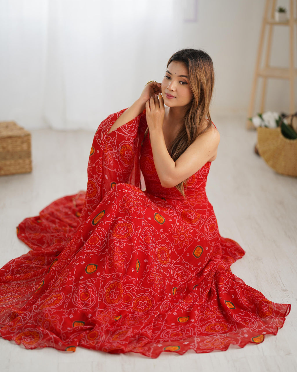 Red Chiffon Lehenga Suit Set with Bandhej Print and Huge Flair for Festive Wear