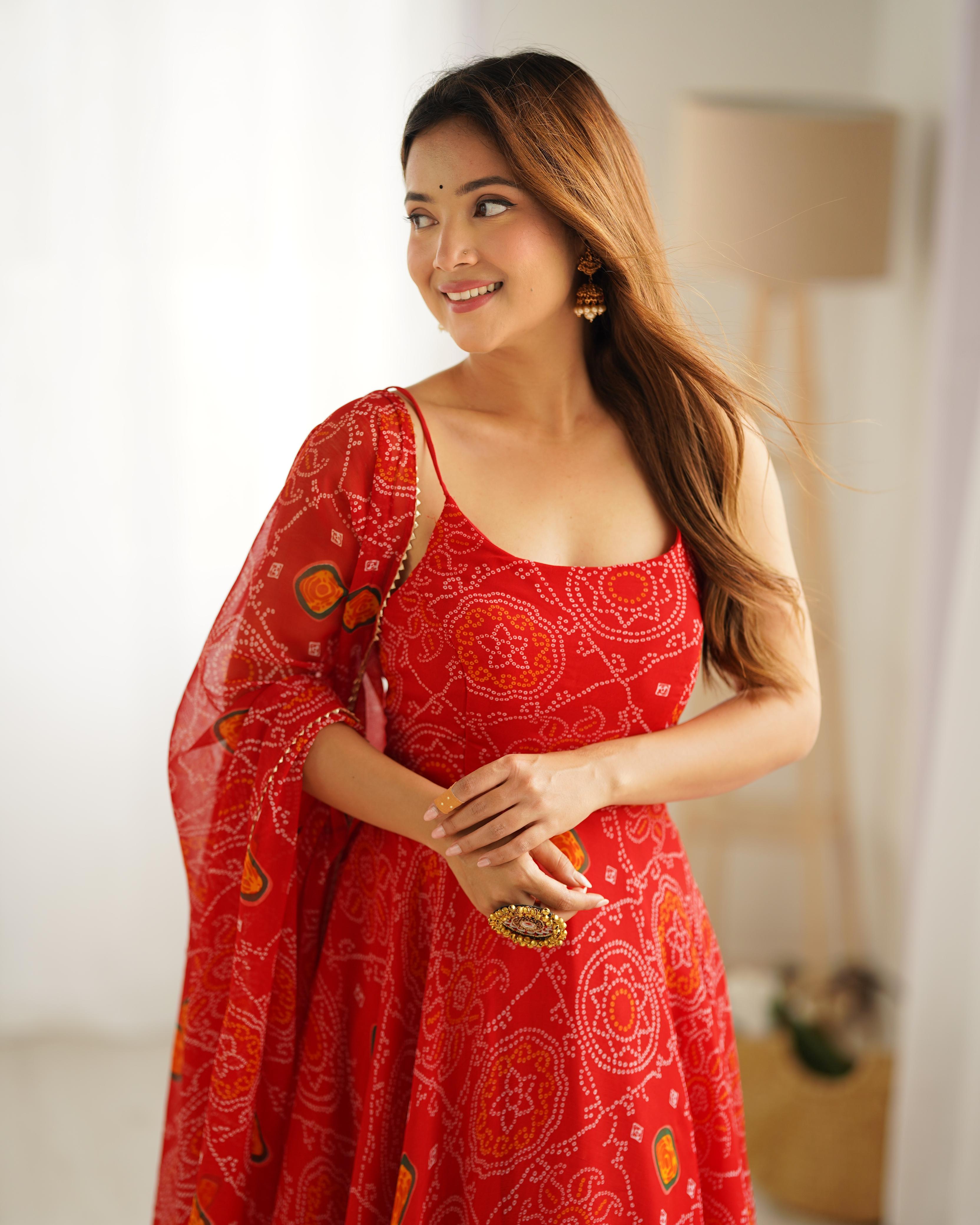 Red Chiffon Lehenga Suit Set with Bandhej Print and Huge Flair for Festive Wear