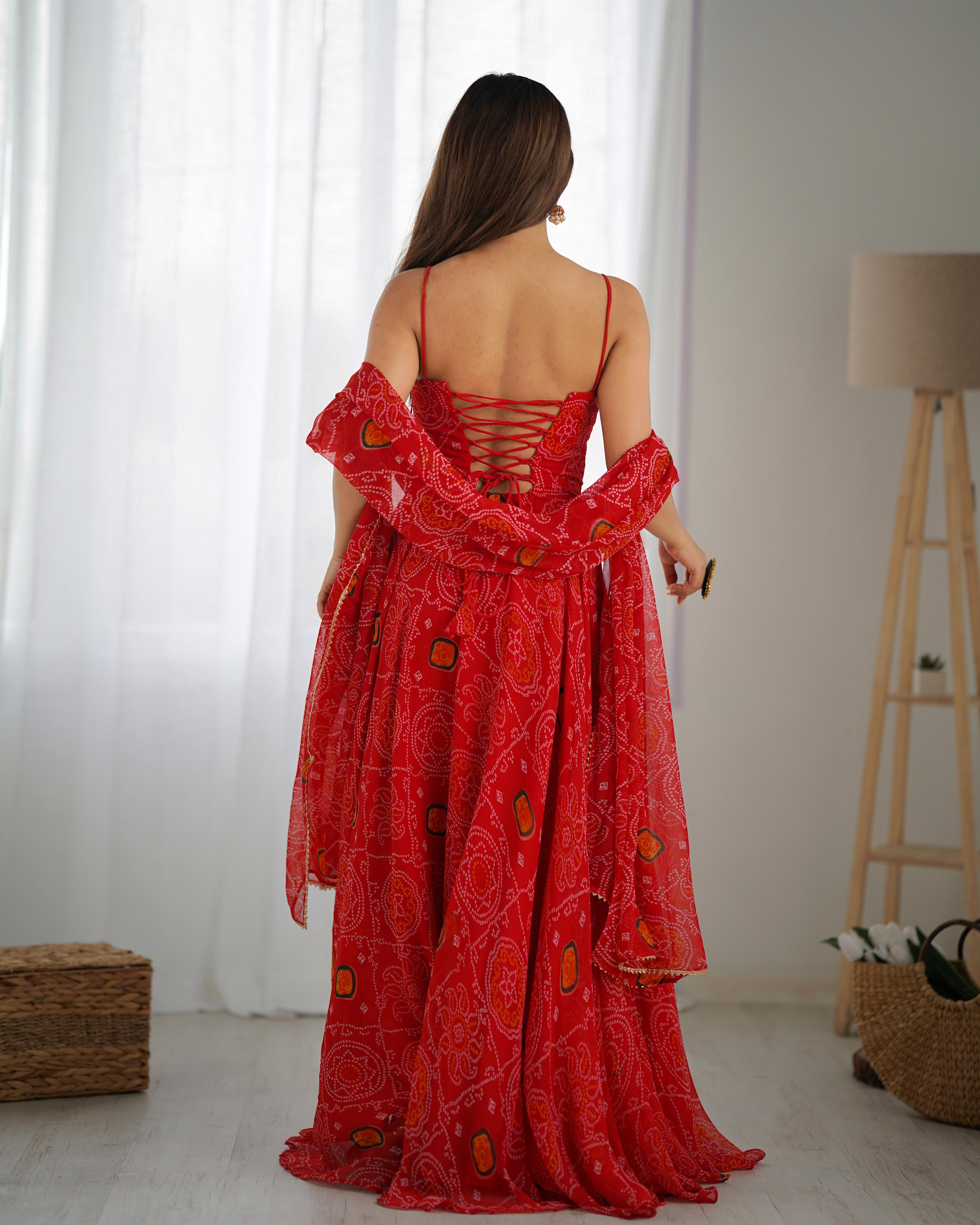 Red Chiffon Lehenga Suit Set with Bandhej Print and Huge Flair for Festive Wear