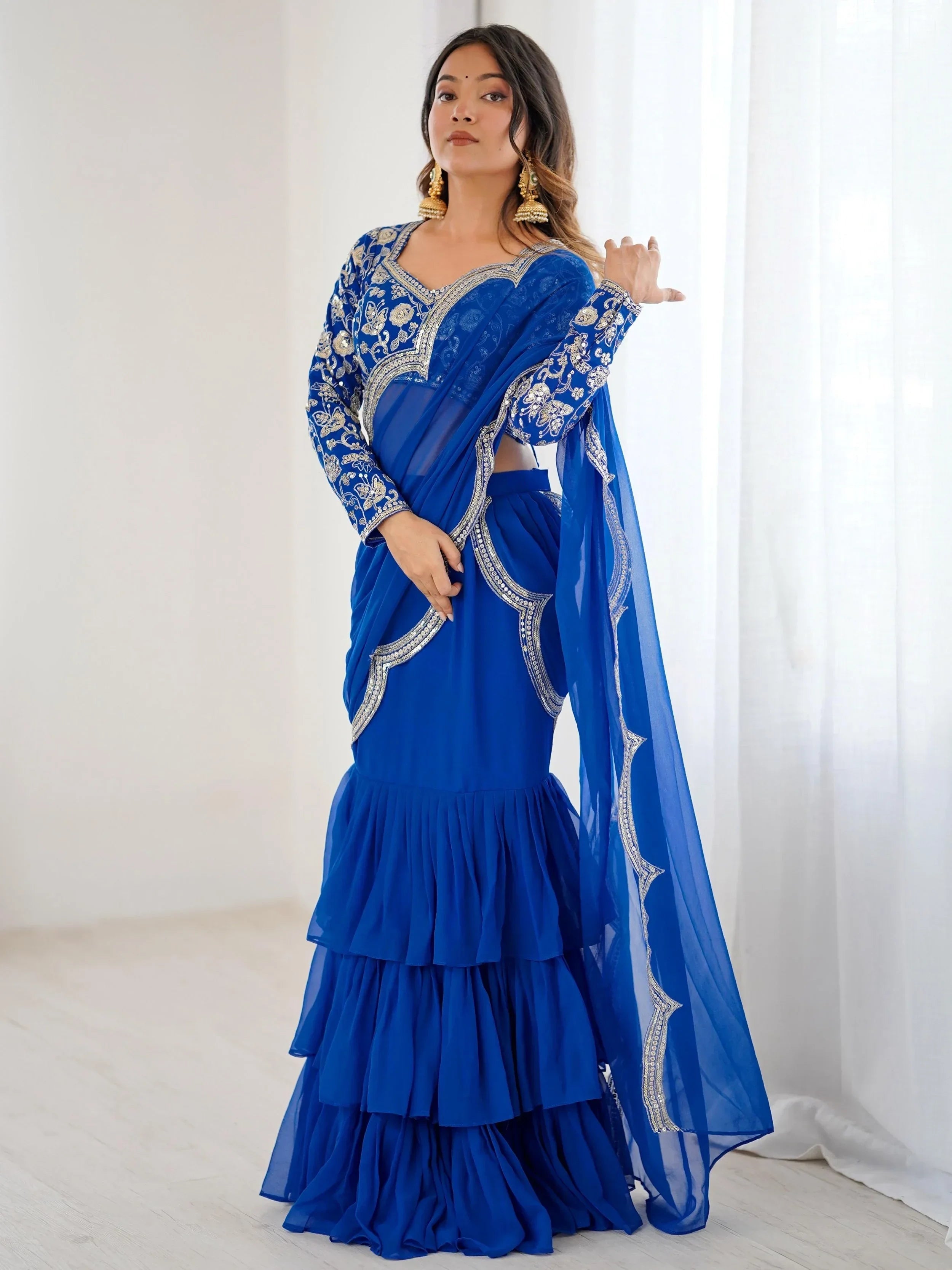 Blue Graceful Sequins Georgette Festival Wear Lehenga Saree