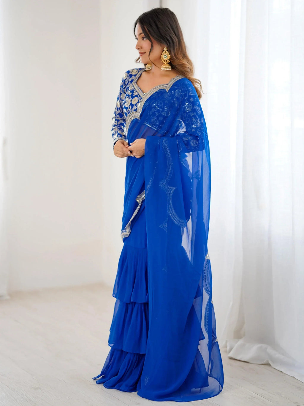 Blue Graceful Sequins Georgette Festival Wear Lehenga Saree