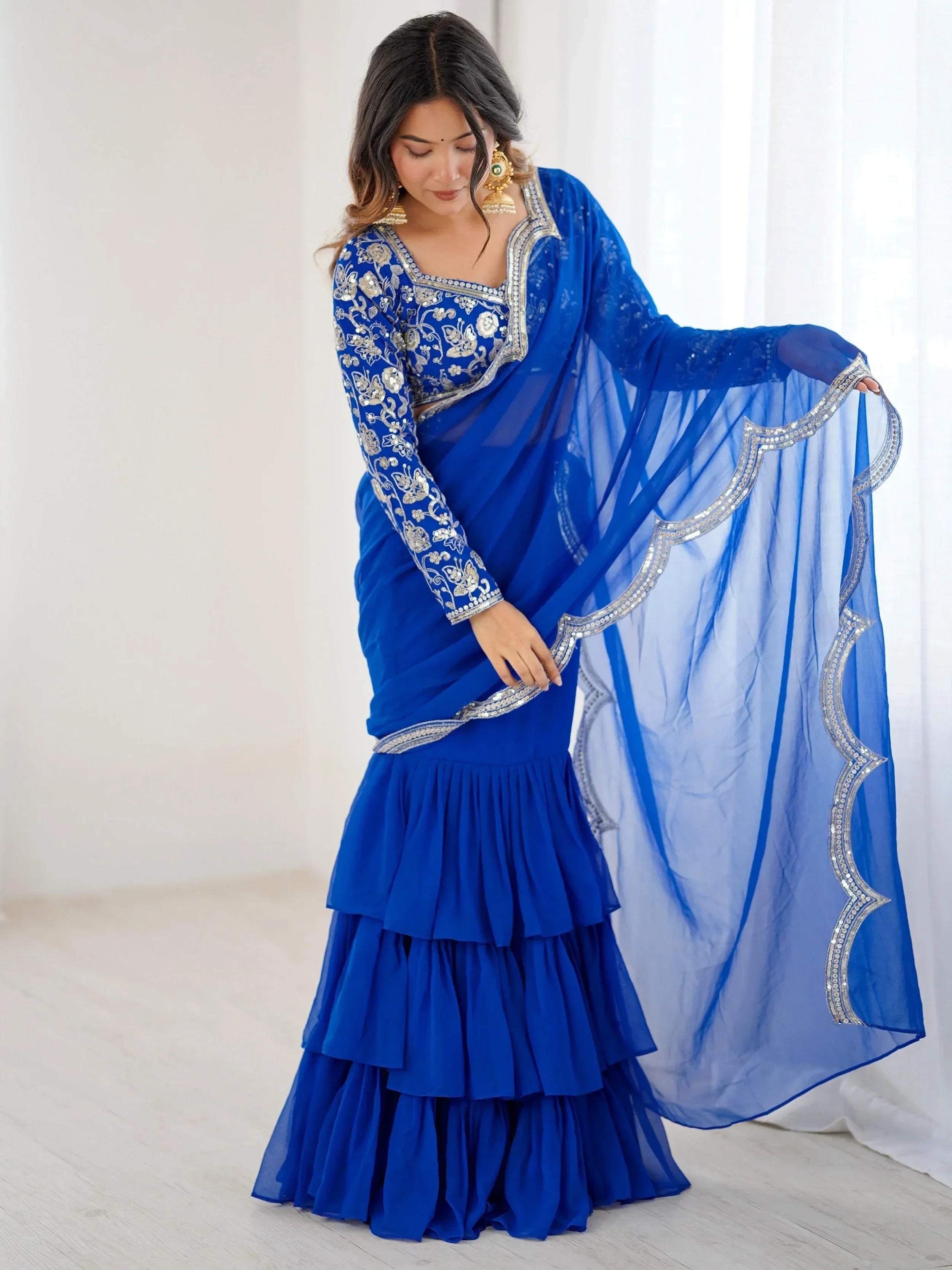 Blue Graceful Sequins Georgette Festival Wear Lehenga Saree