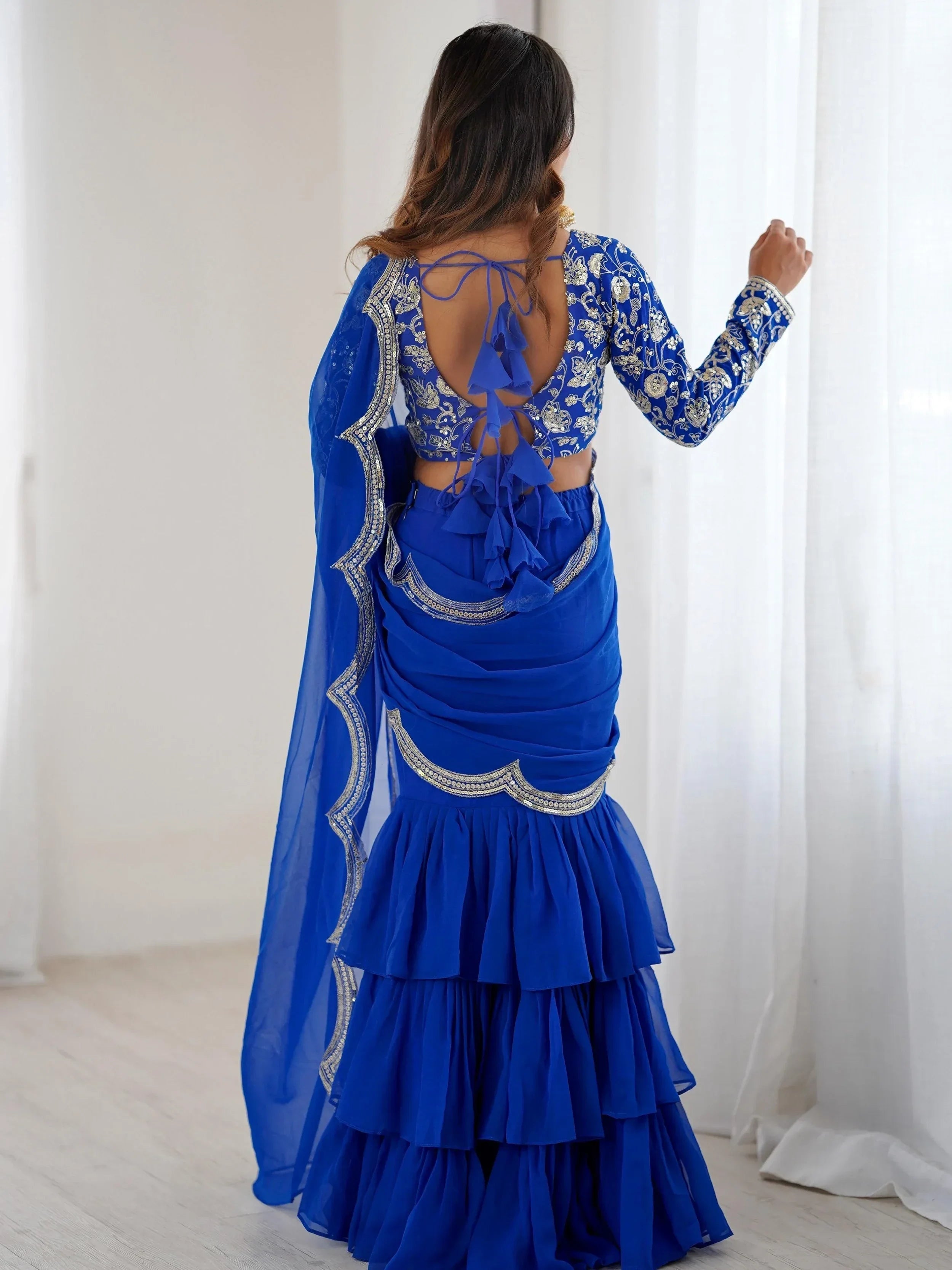 Blue Graceful Sequins Georgette Festival Wear Lehenga Saree