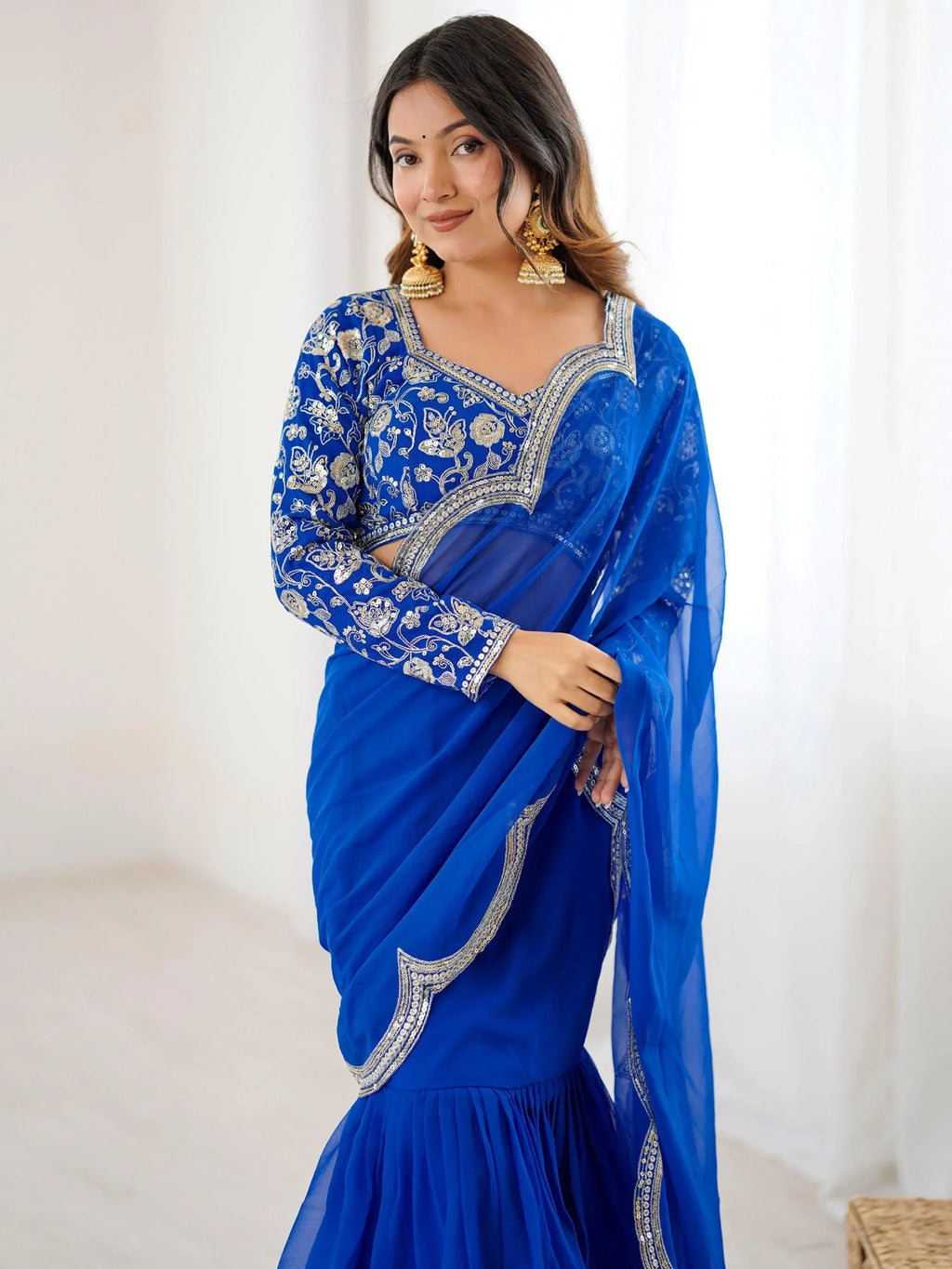 Blue Graceful Sequins Georgette Festival Wear Lehenga Saree