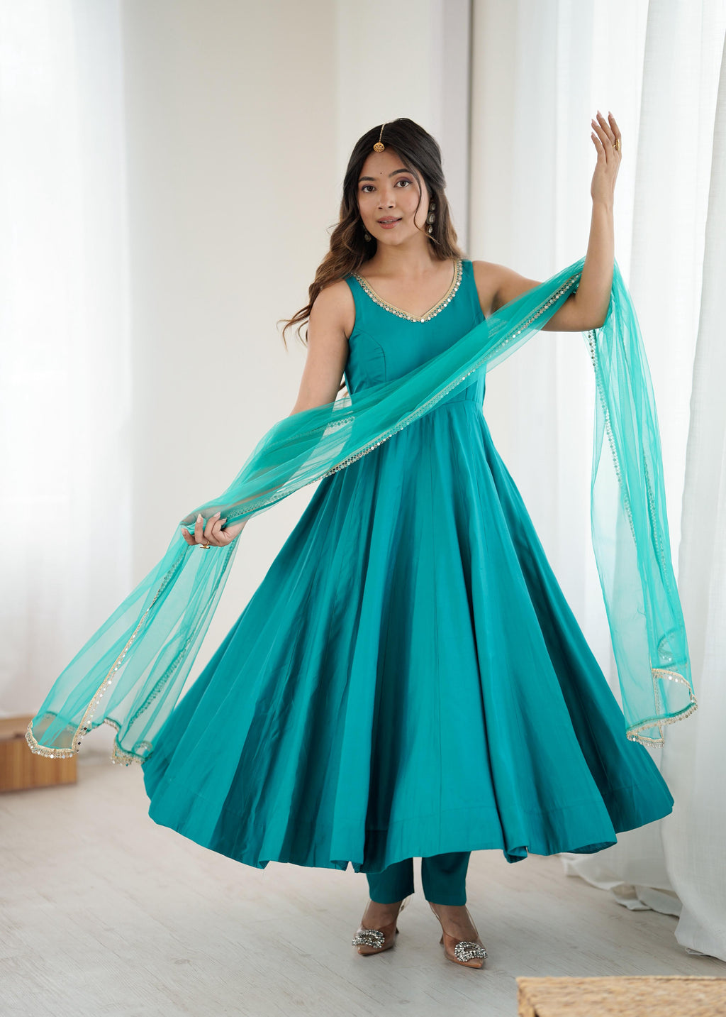 Rama Roman Silk Chanderi Anarkali Suit Set with Huge Flair for Festive Occasions
