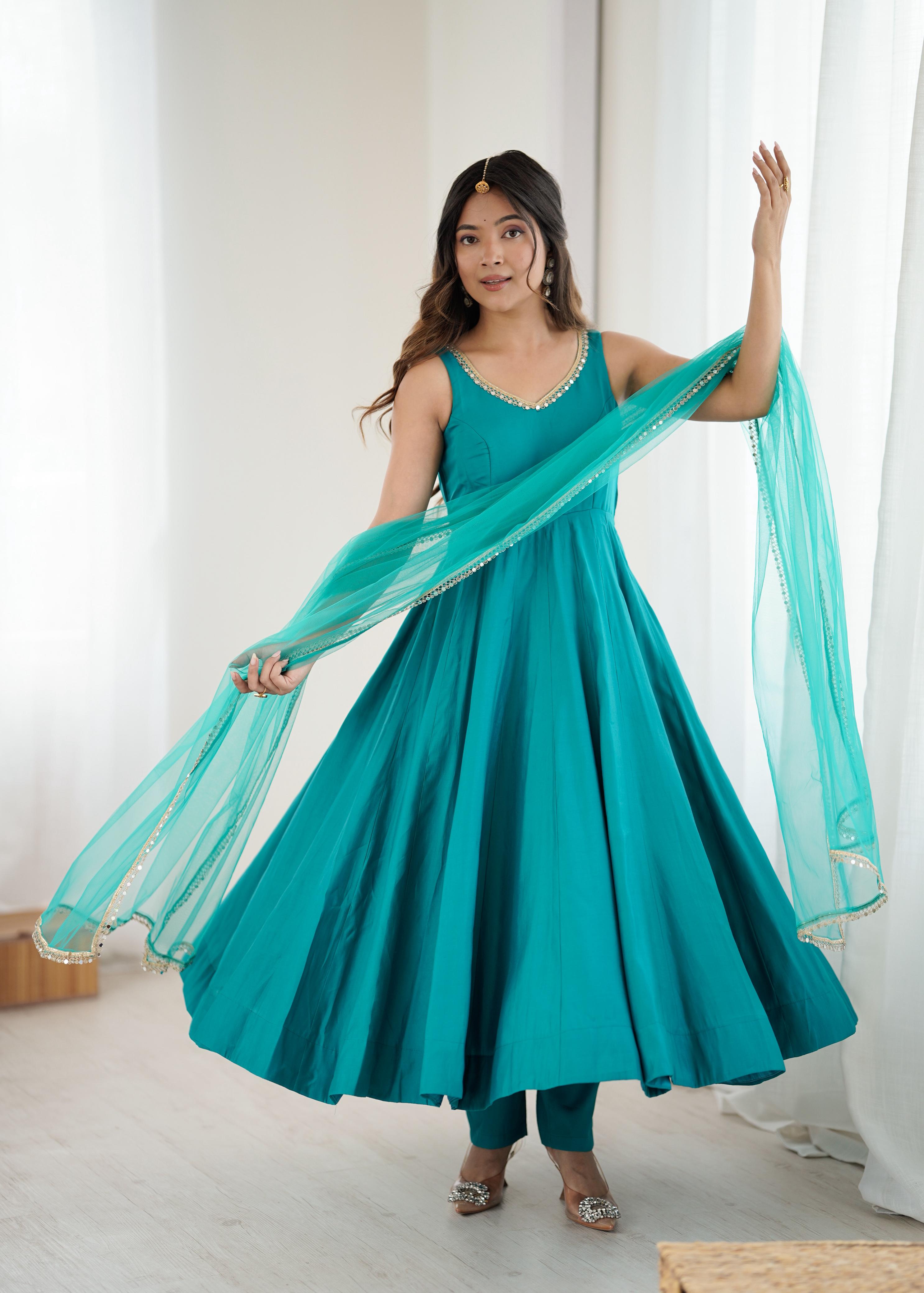 Rama Roman Silk Chanderi Anarkali Suit Set with Huge Flair for Festive Occasions