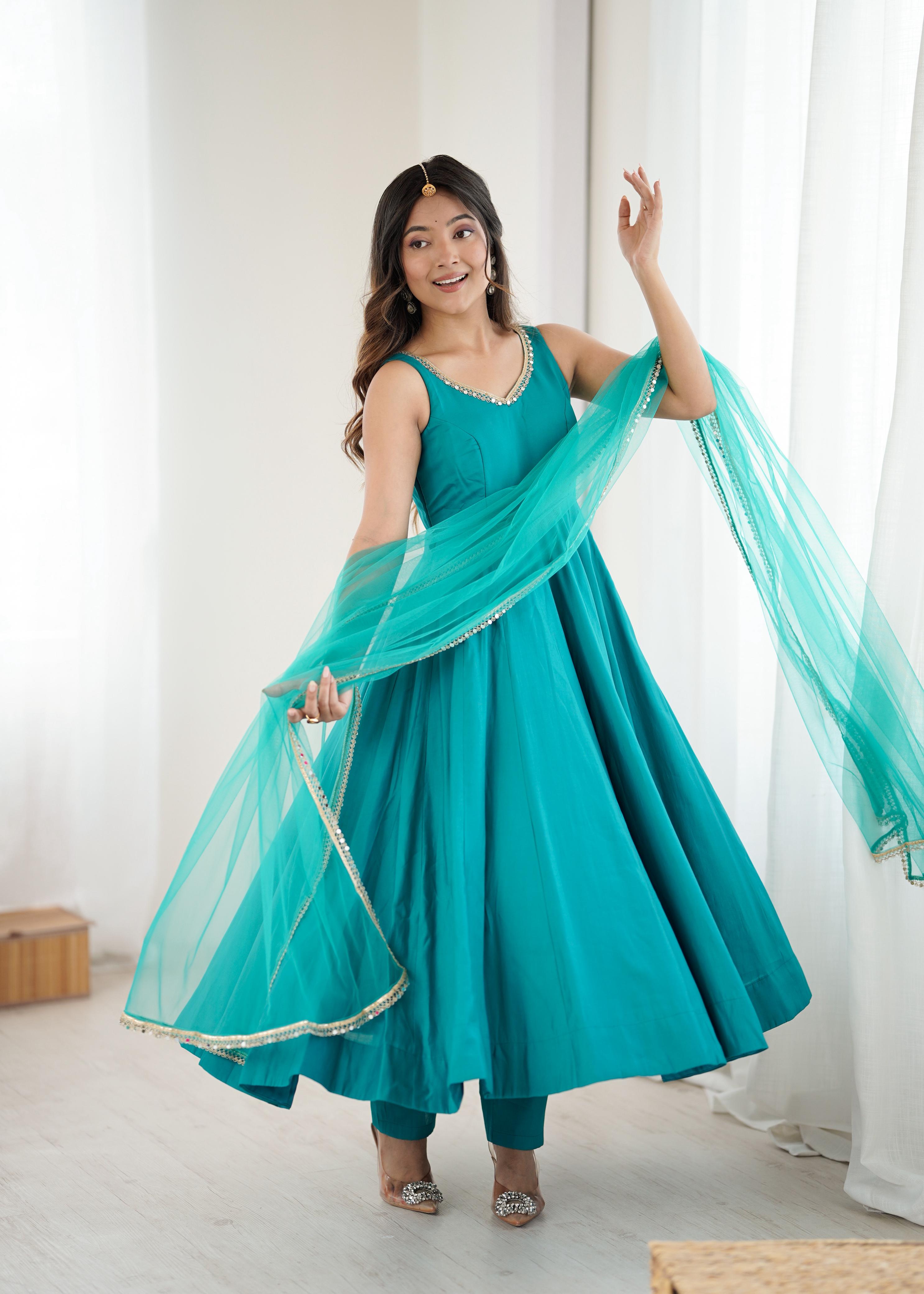 Rama Roman Silk Chanderi Anarkali Suit Set with Huge Flair for Festive Occasions