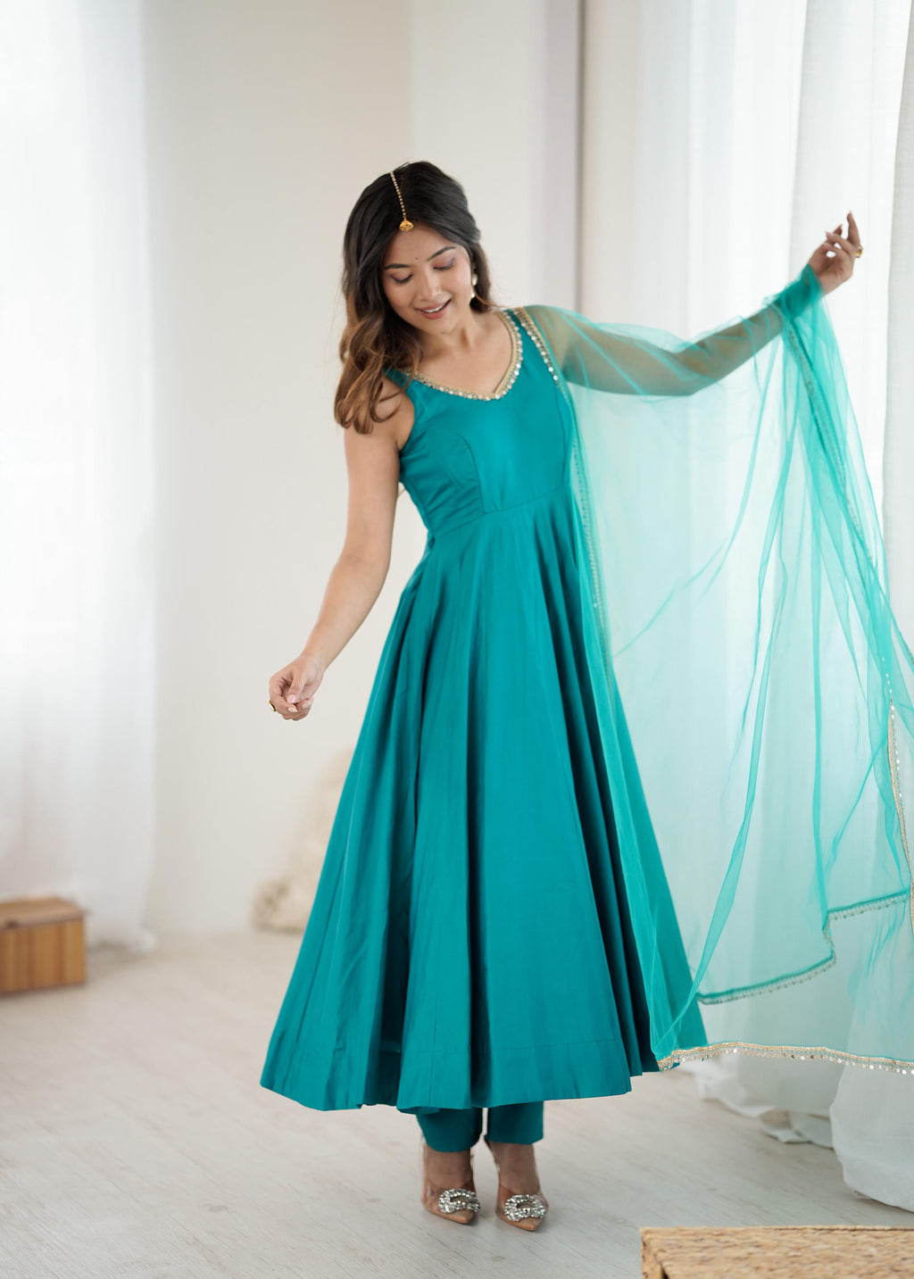 Rama Roman Silk Chanderi Anarkali Suit Set with Huge Flair for Festive Occasions