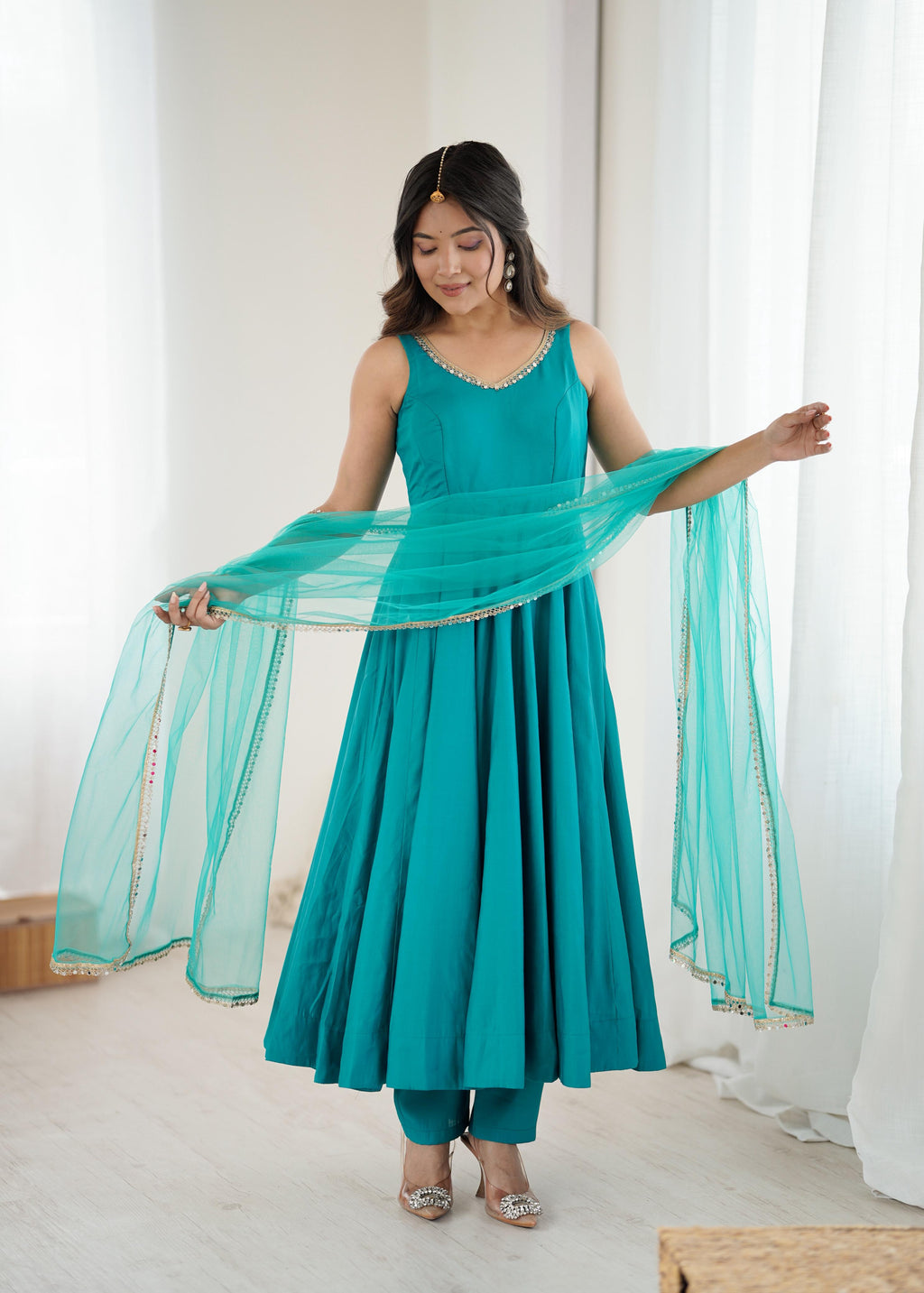 Rama Roman Silk Chanderi Anarkali Suit Set with Huge Flair for Festive Occasions