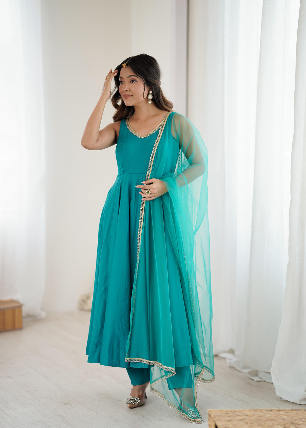 Rama Roman Silk Chanderi Anarkali Suit Set with Huge Flair for Festive Occasions