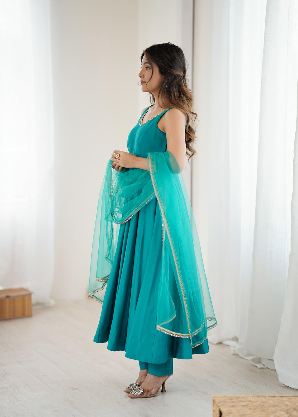 Rama Roman Silk Chanderi Anarkali Suit Set with Huge Flair for Festive Occasions