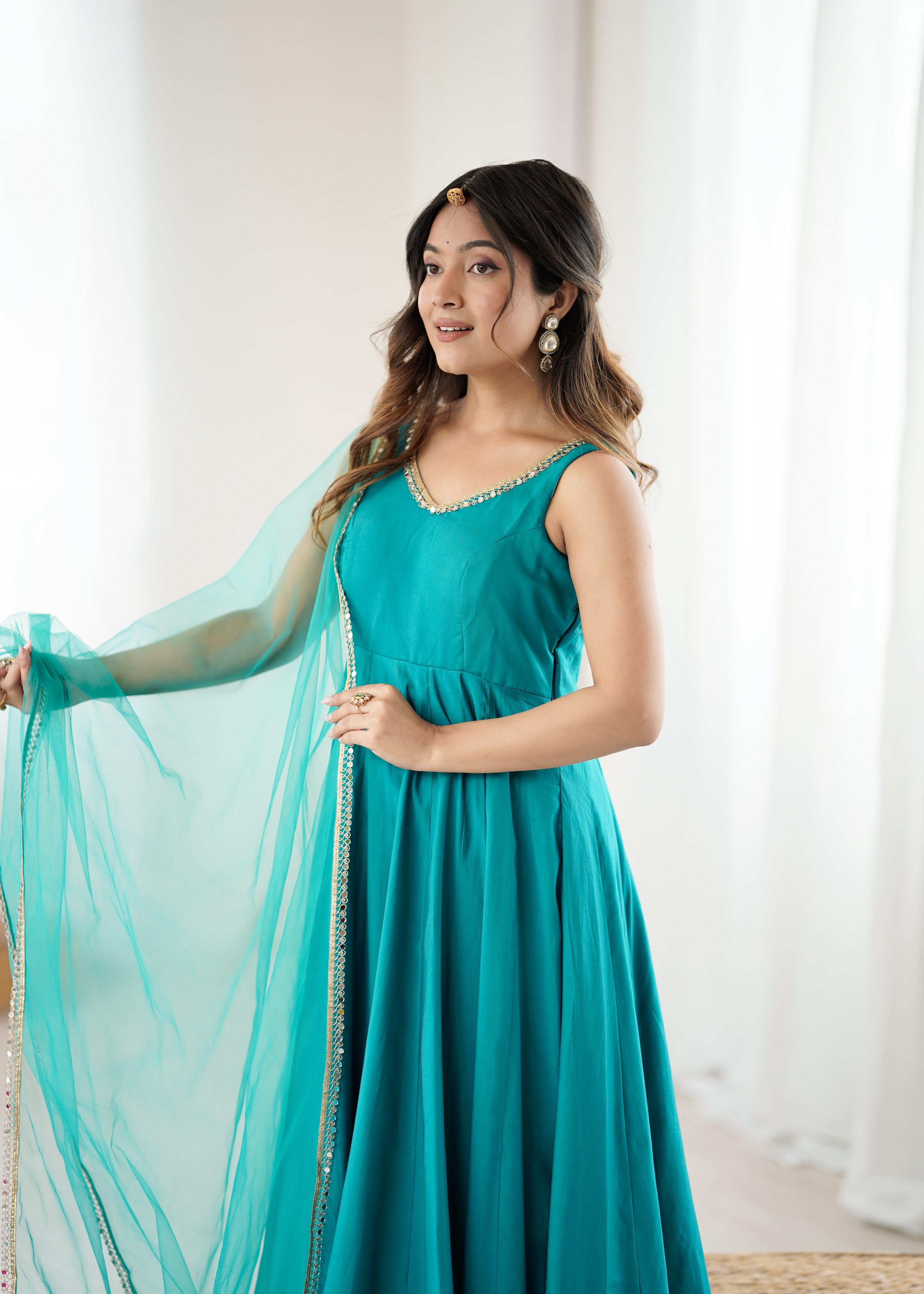 Rama Roman Silk Chanderi Anarkali Suit Set with Huge Flair for Festive Occasions