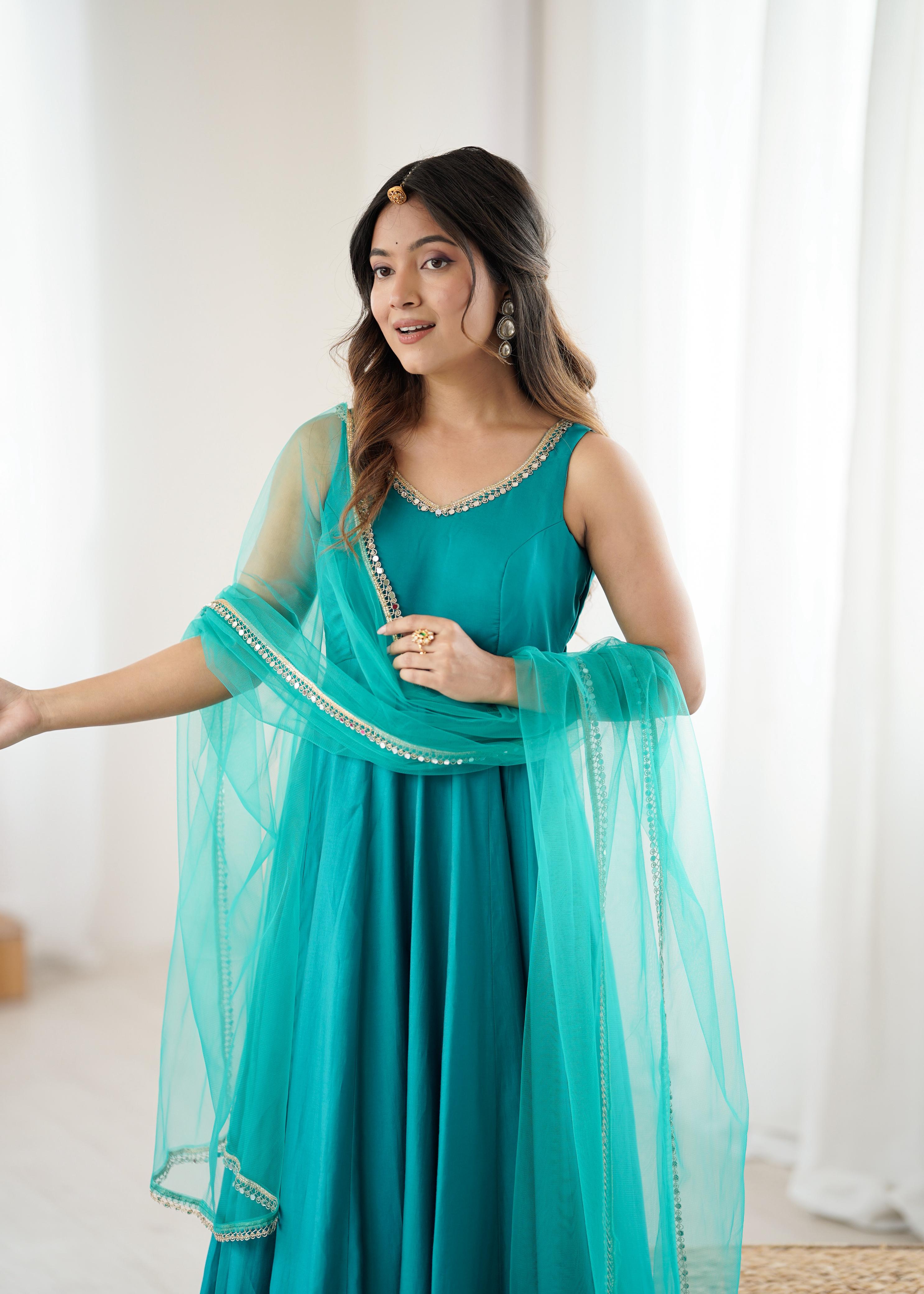 Rama Roman Silk Chanderi Anarkali Suit Set with Huge Flair for Festive Occasions