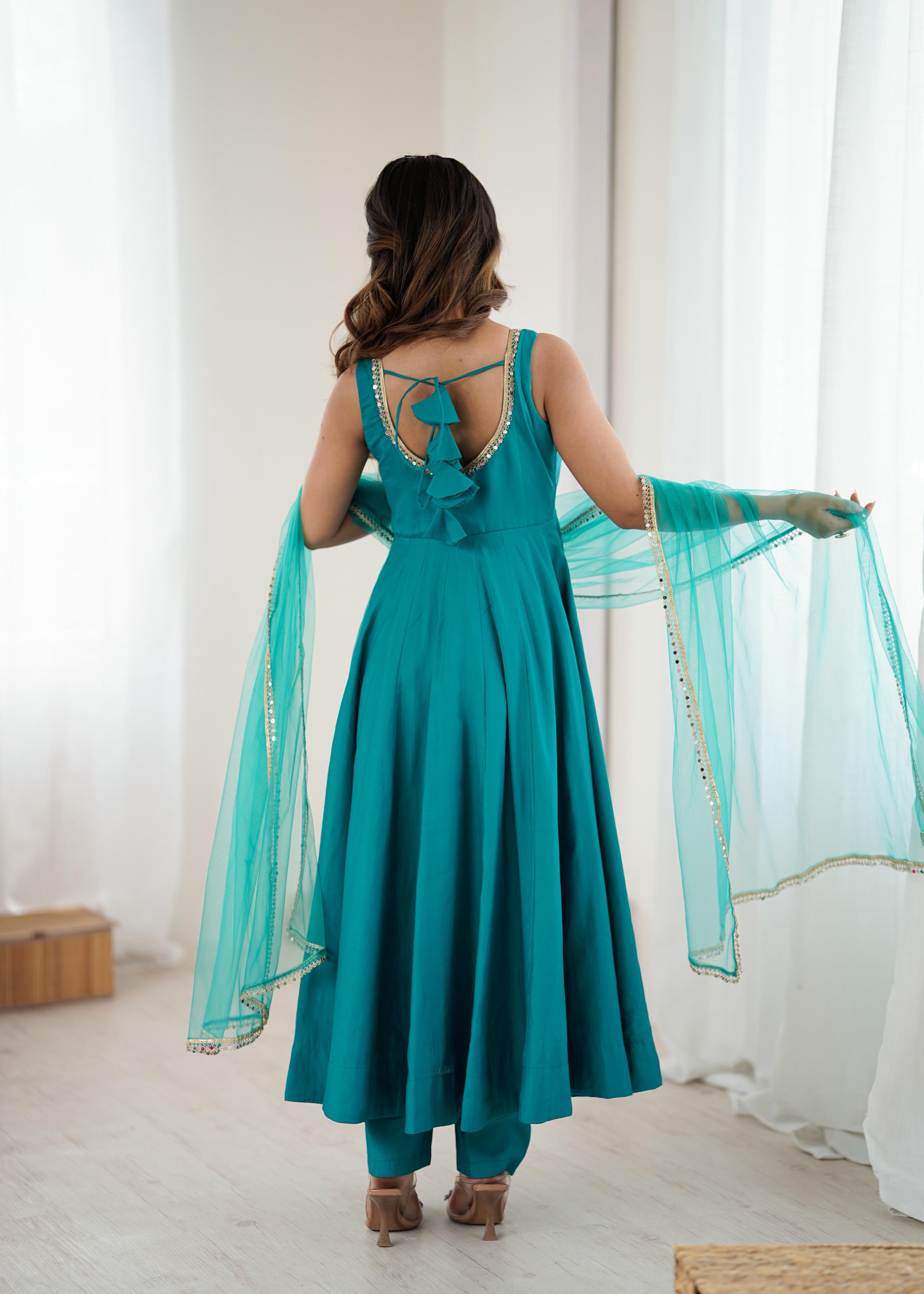 Rama Roman Silk Chanderi Anarkali Suit Set with Huge Flair for Festive Occasions