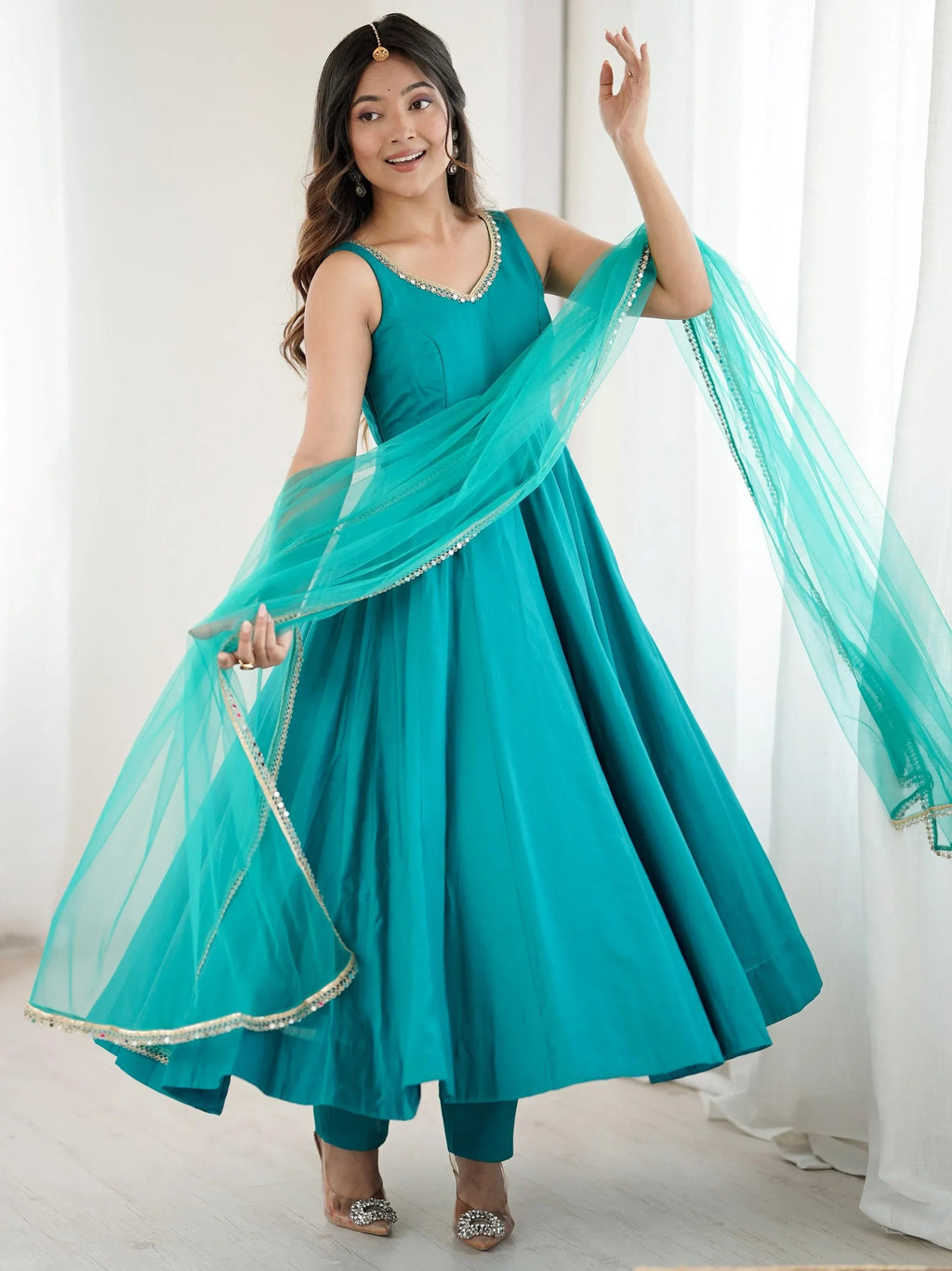 Dazzling Green Lace Work Silk Festive Wear Anarkali Suit